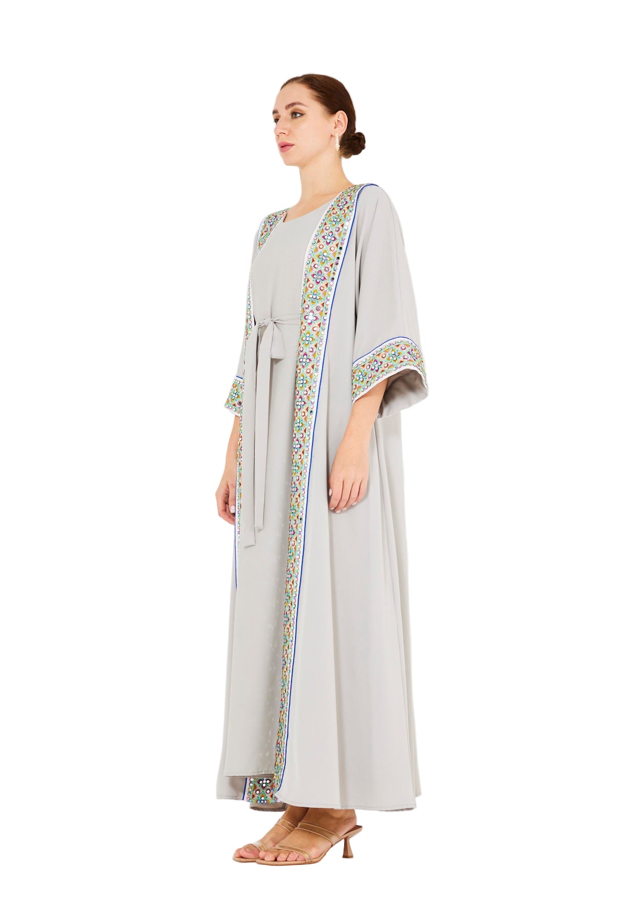 Multi-Colored Embroidered Trim Bisht & Dress Set
