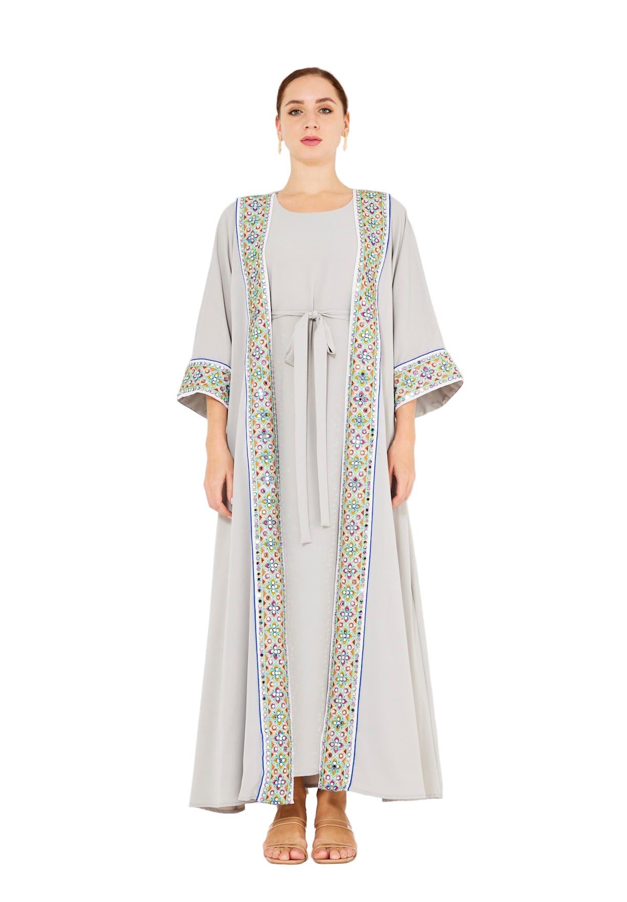 Multi-Colored Embroidered Trim Bisht & Dress Set