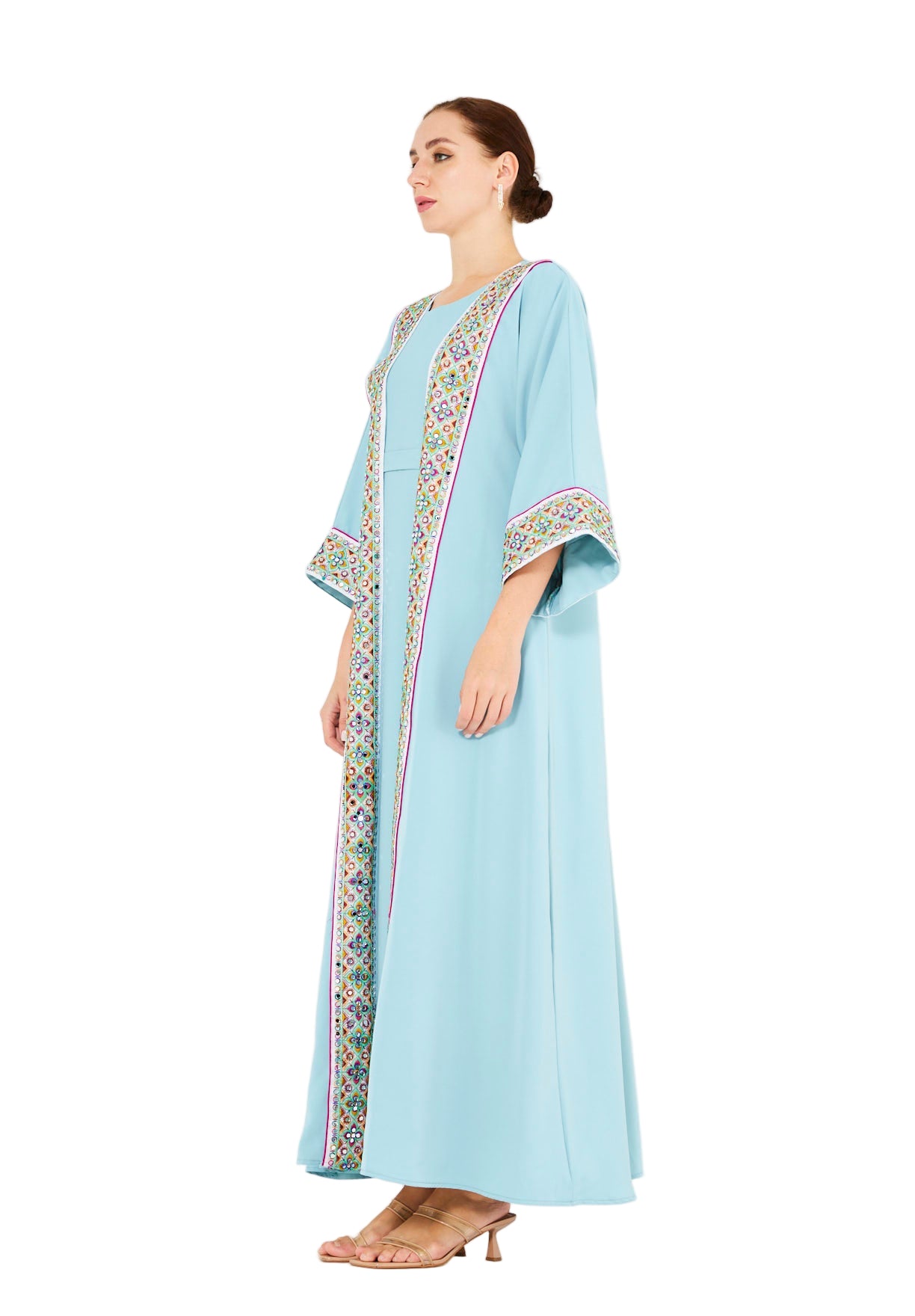 Multi-Colored Embroidered Trim Bisht & Dress Set