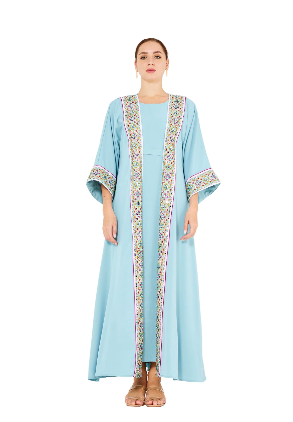 Multi-Colored Embroidered Trim Bisht & Dress Set