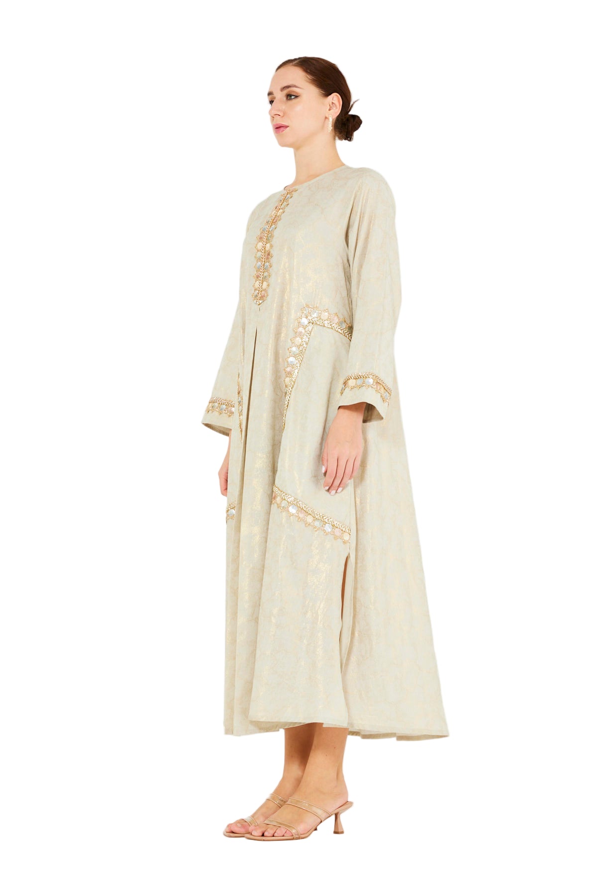 Mirror & Thread Embellished Foil Linen Jalabiya