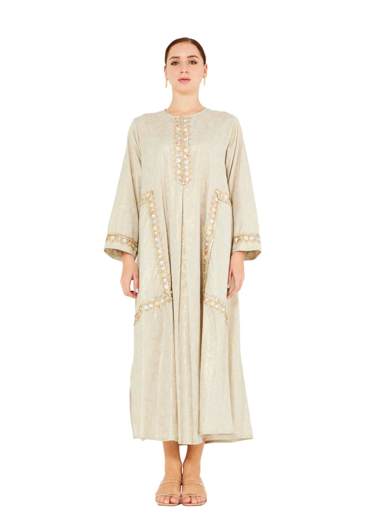 Mirror & Thread Embellished Foil Linen Jalabiya