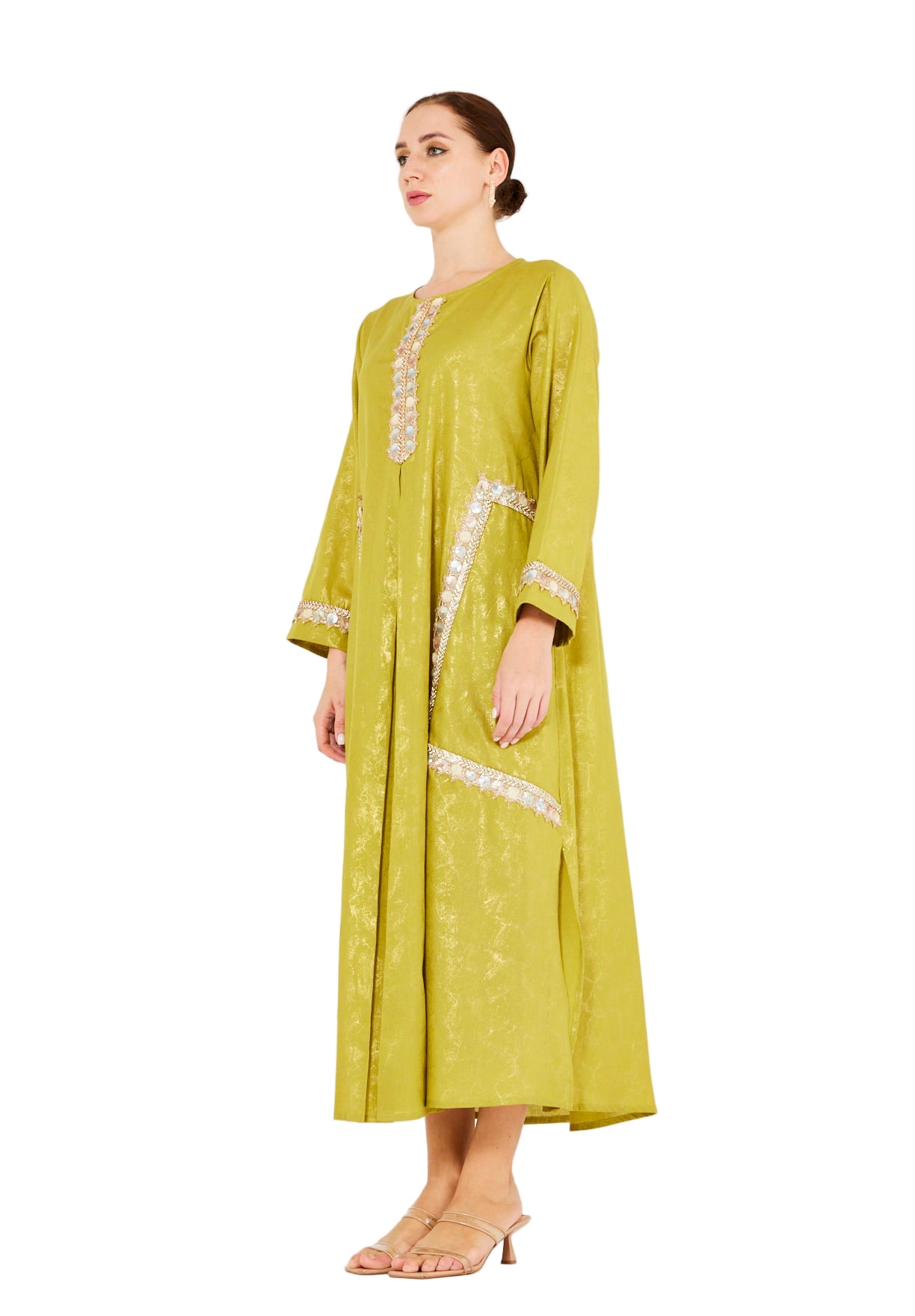 Mirror & Thread Embellished Foil Linen Jalabiya