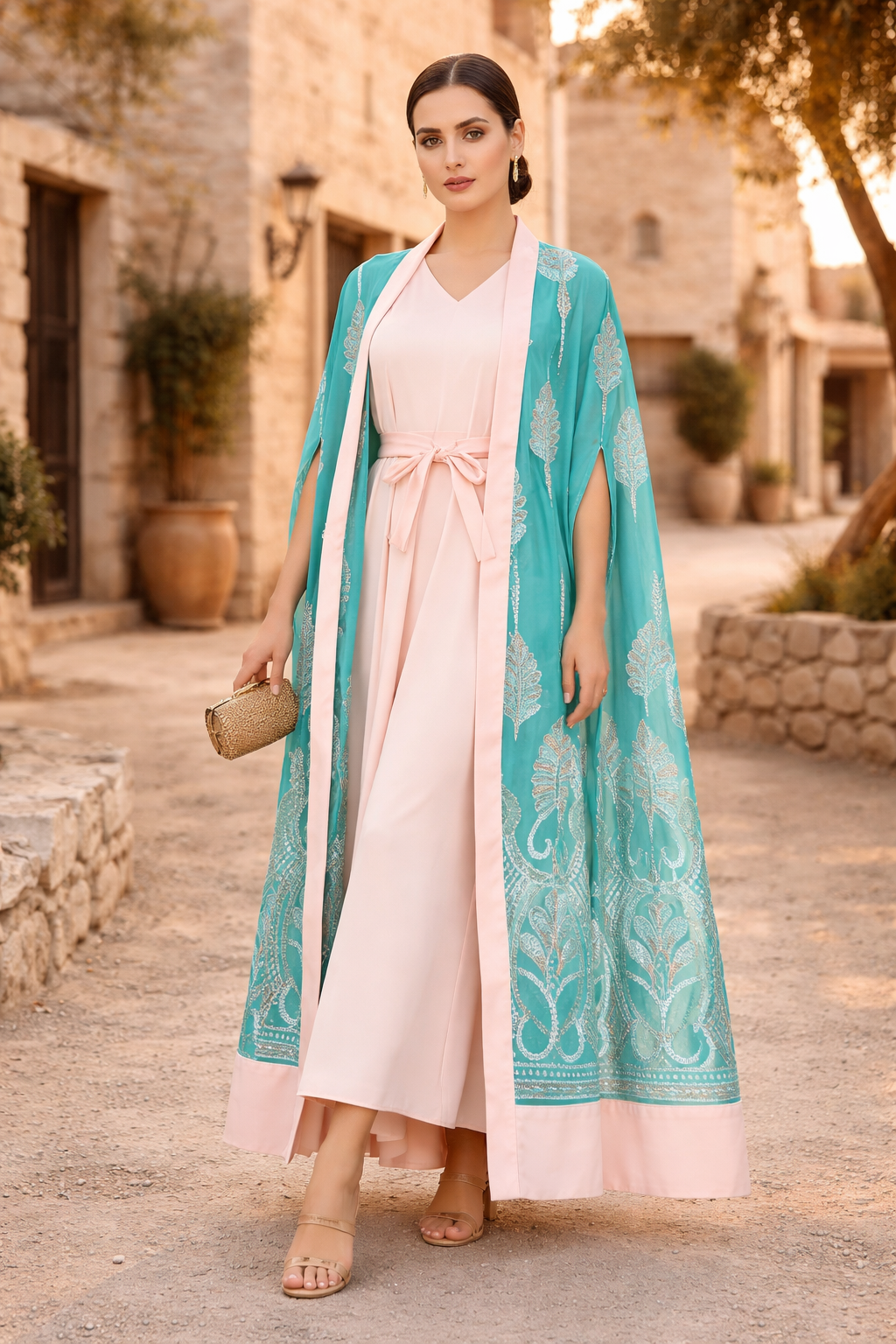 Pastel Sequin Embellished Bisht & Dress Set