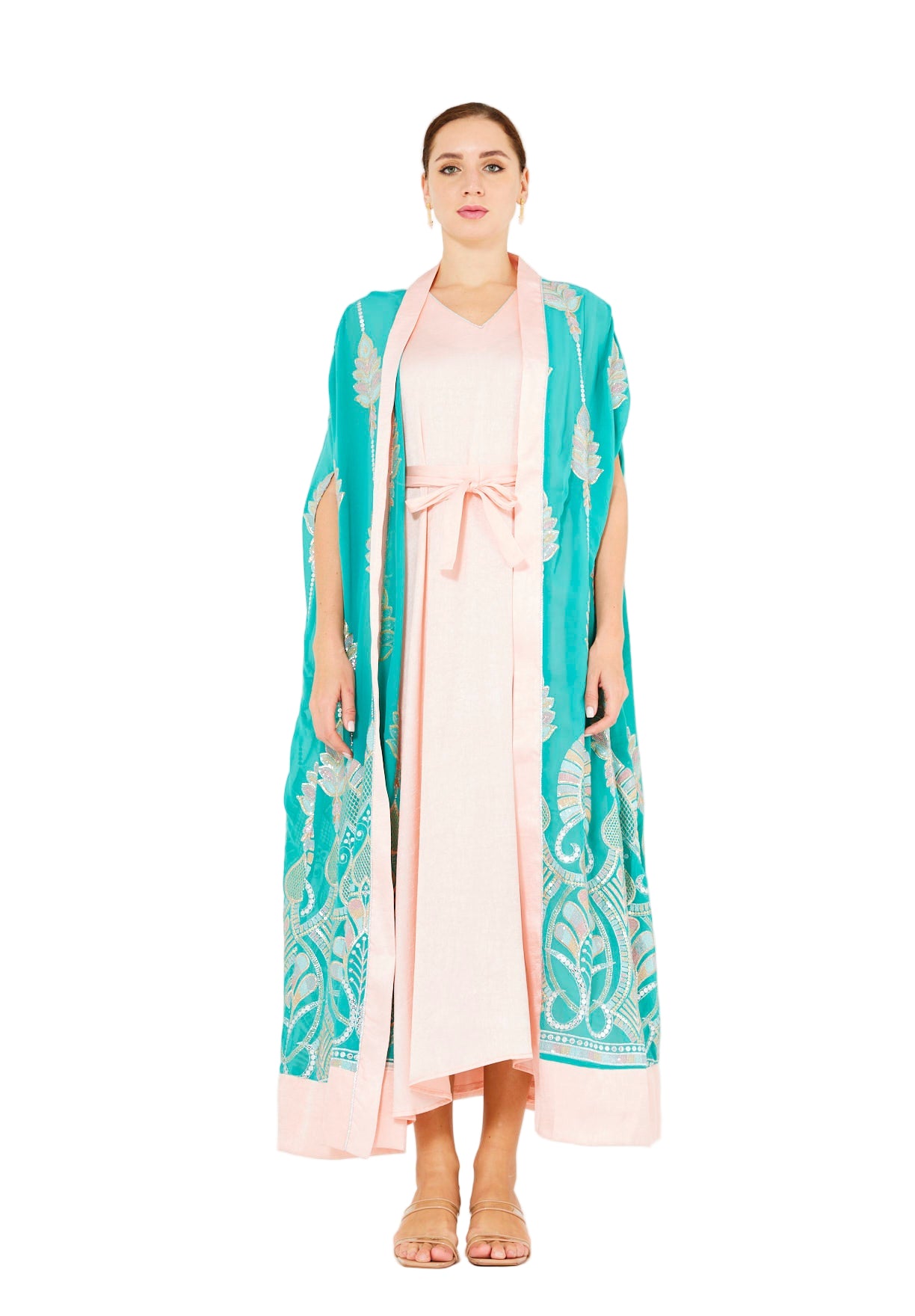 Pastel Sequin Embellished Bisht & Dress Set