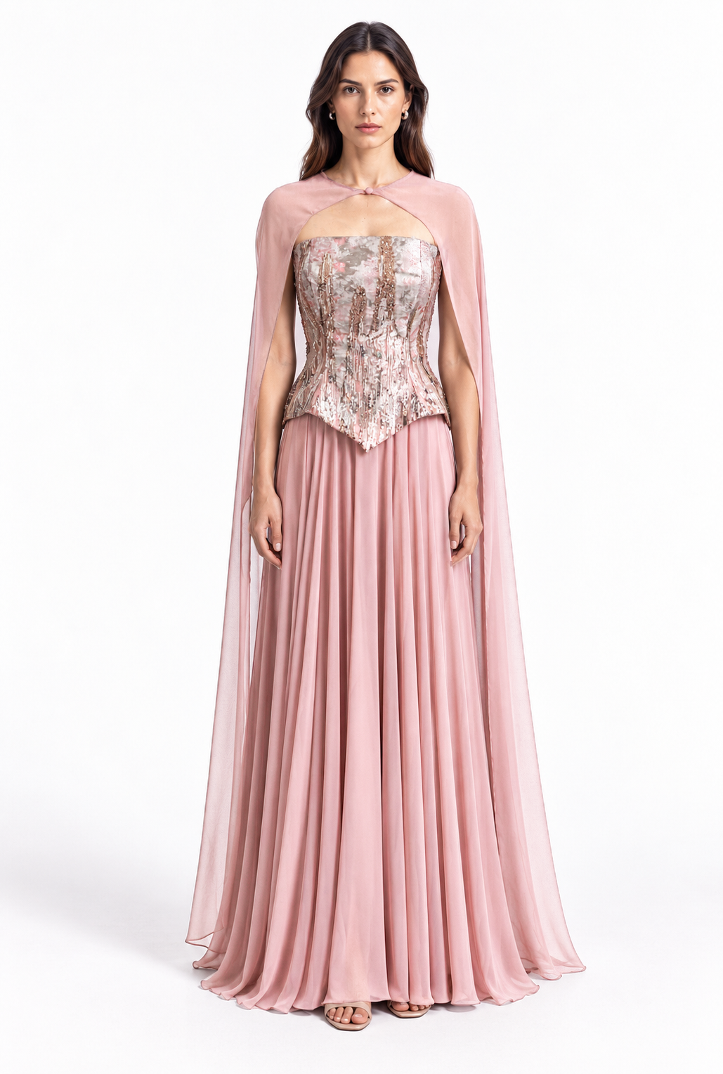 "Dalia" Sheer Cape Sequin Gown