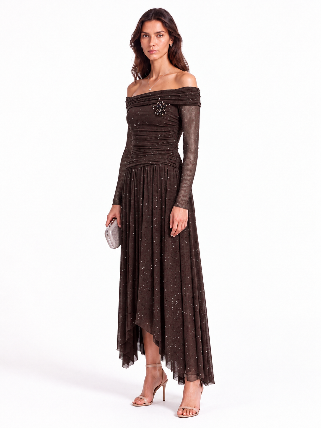 "Nadia" Off-Shoulder Asymmetric Hem Gown