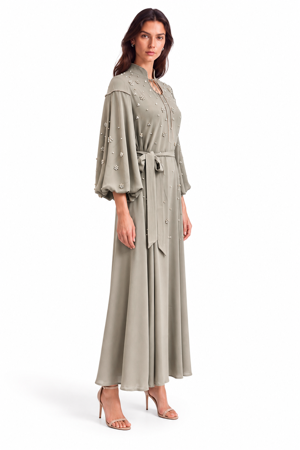"Mariam" Pearl Tie-Neck Balloon Sleeve Dress