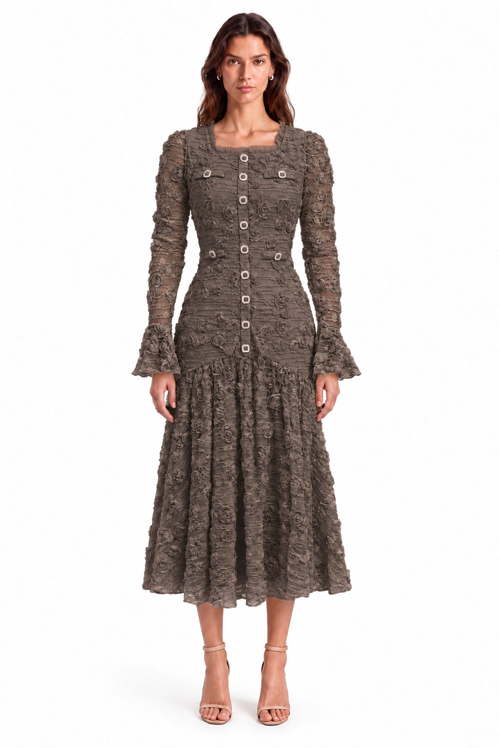"Elara" 3D Floral Lace Button-Front Dress