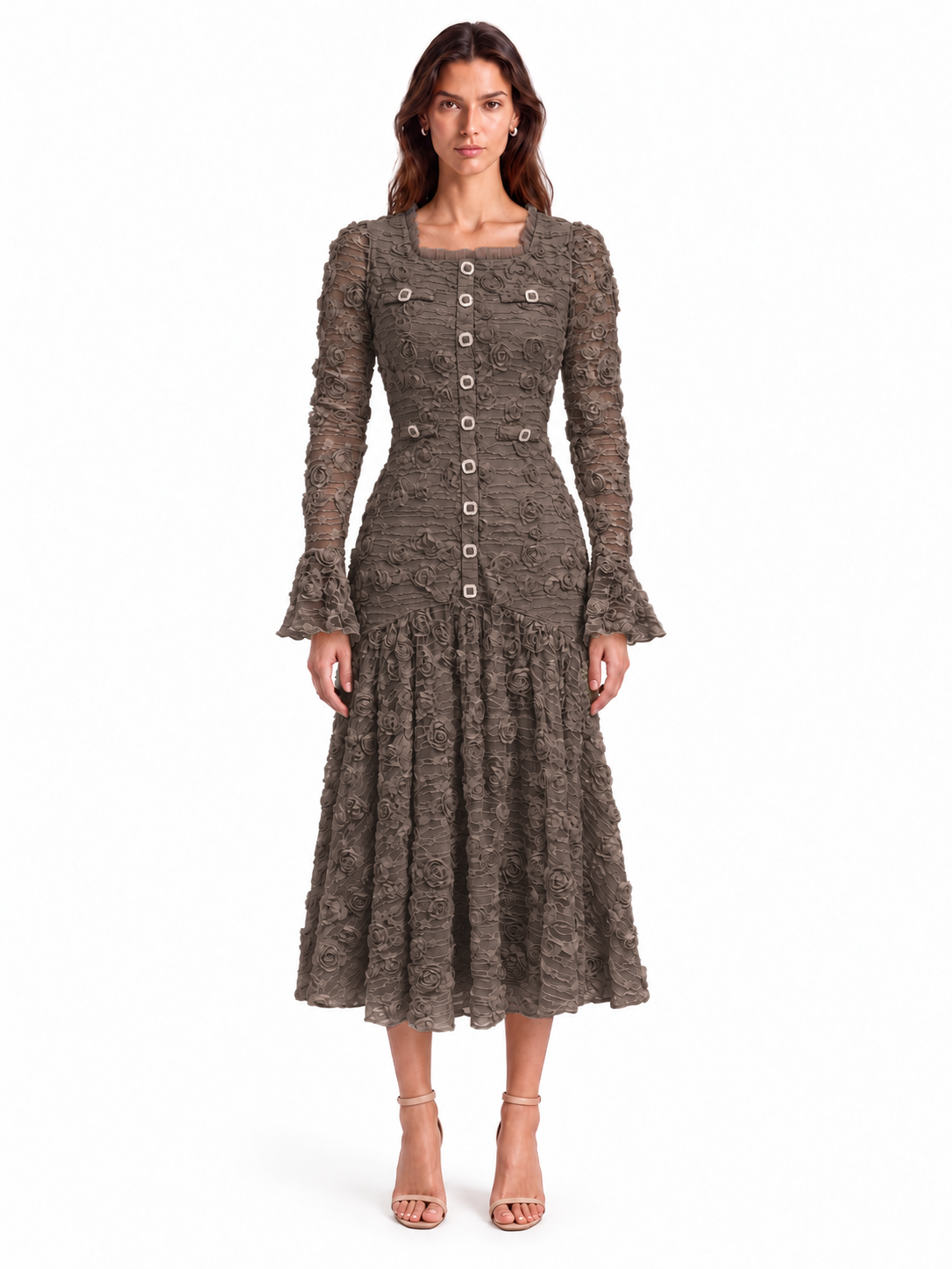 "Elara" 3D Floral Lace Button-Front Dress