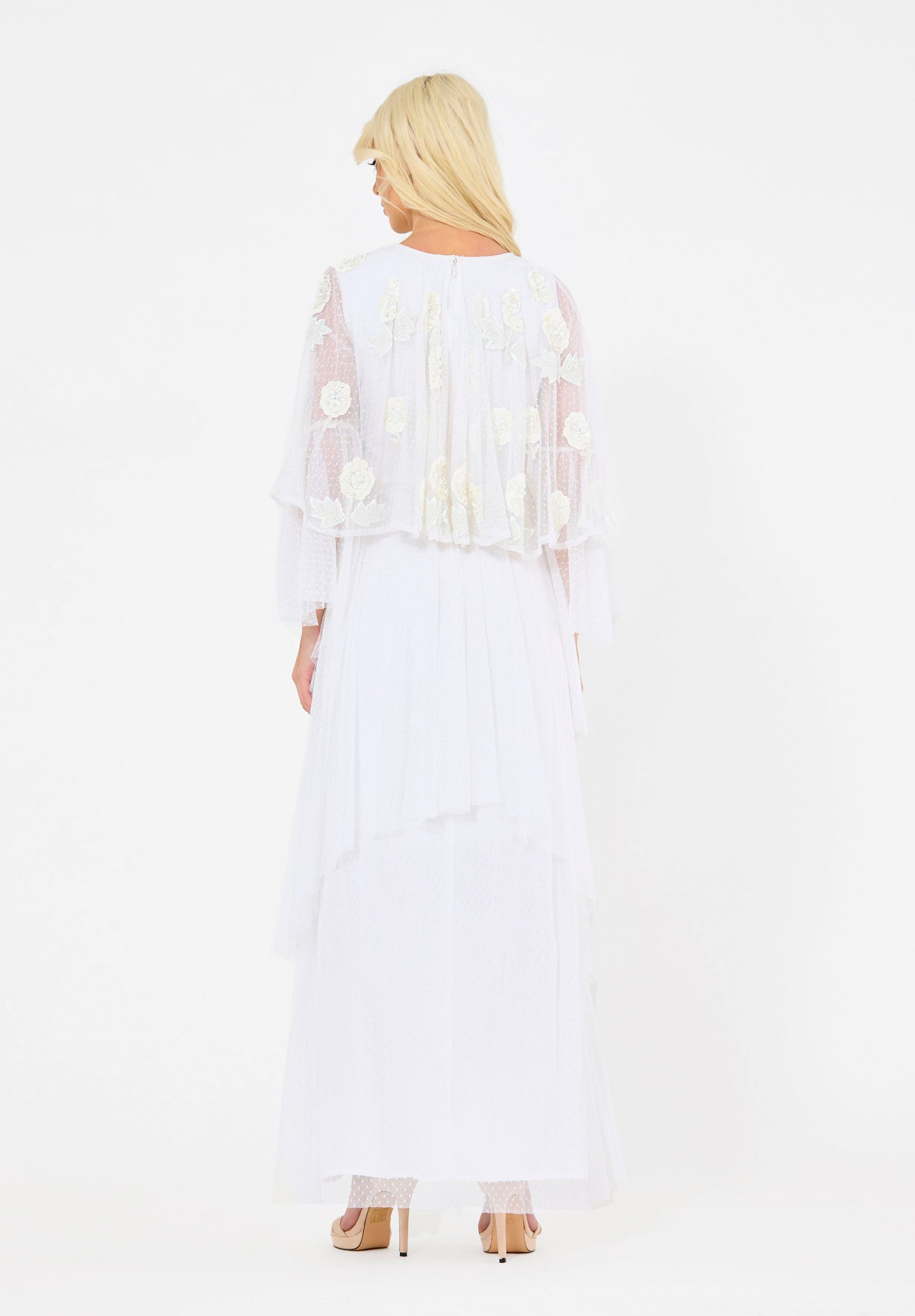 Dotted 3D Floral Appliqué Tulle Draped Dress