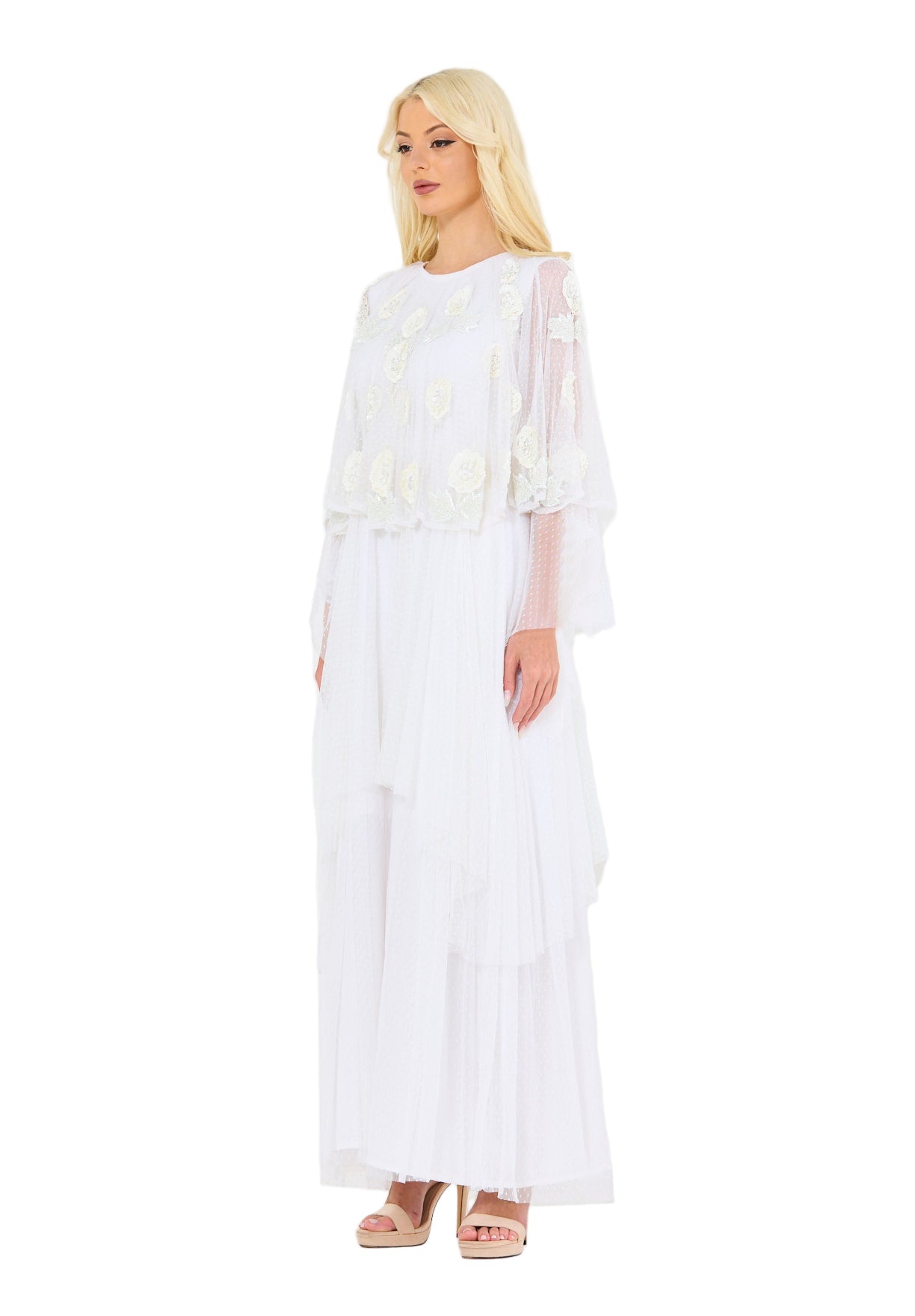 Dotted 3D Floral Appliqué Tulle Draped Dress