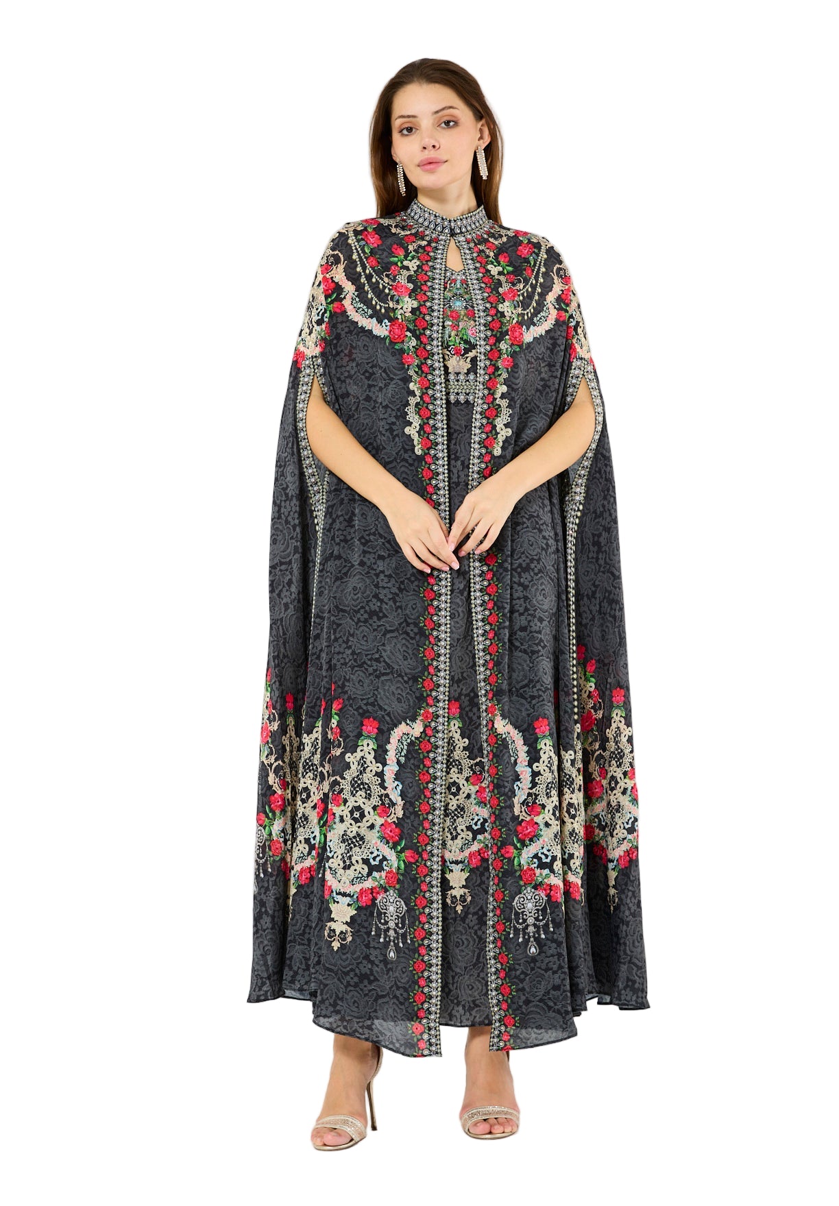 Printed Roses Bisht & Dress Set