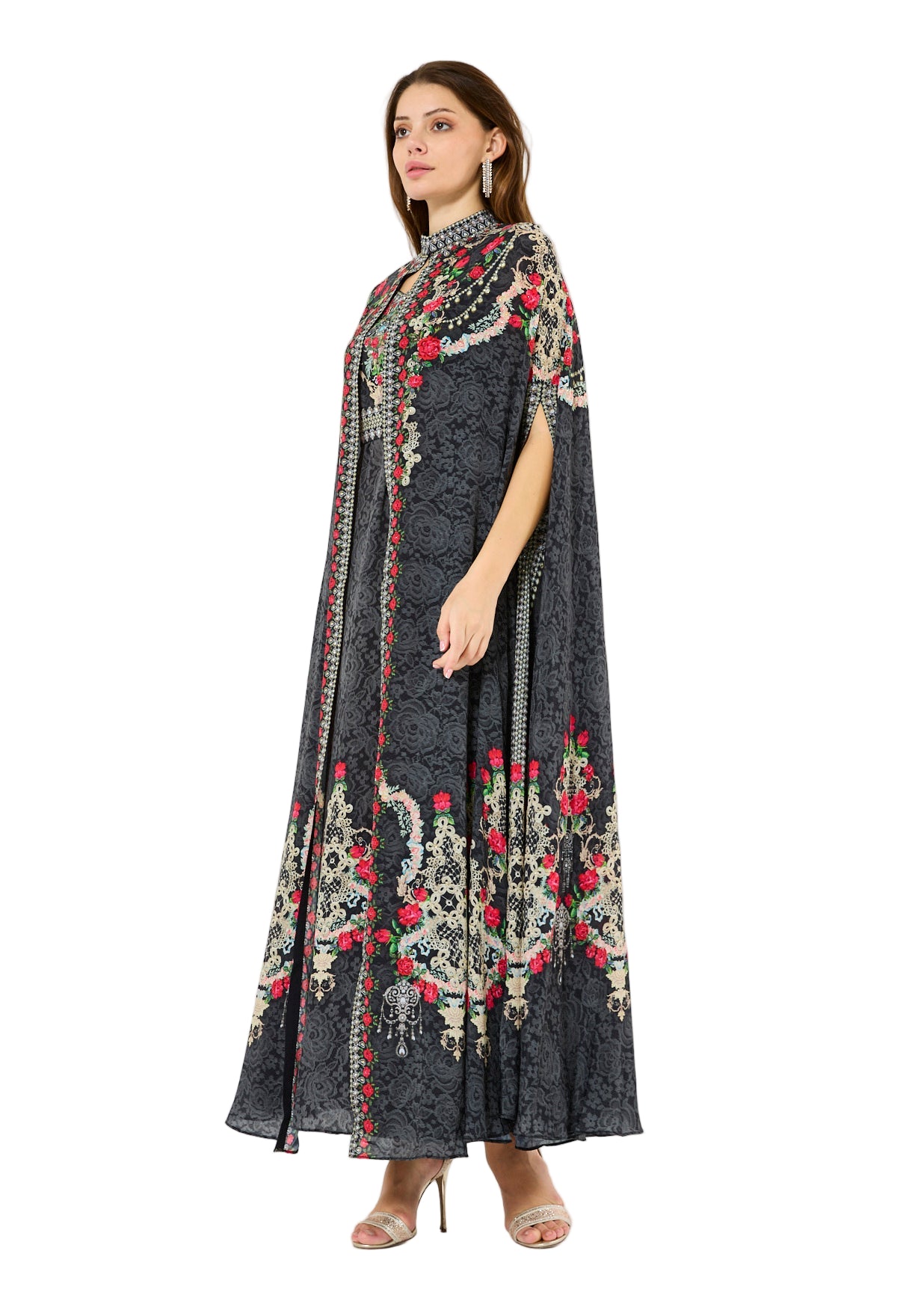 Printed Roses Bisht & Dress Set