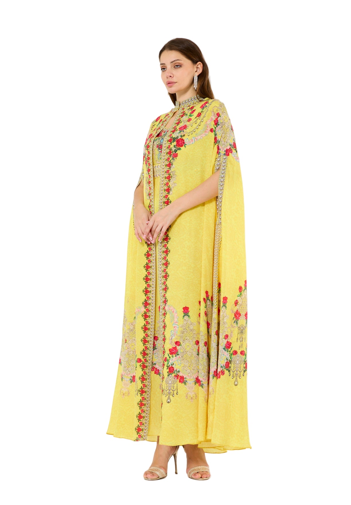 Printed Roses Bisht & Dress Set