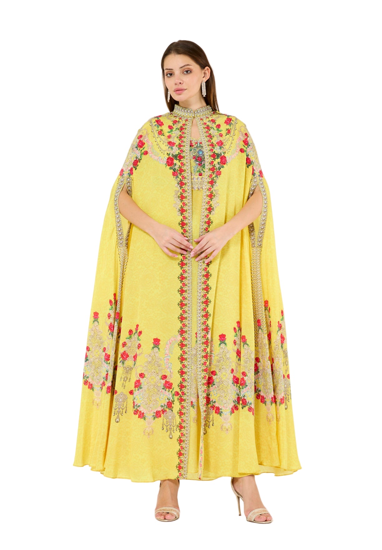 Printed Roses Bisht & Dress Set