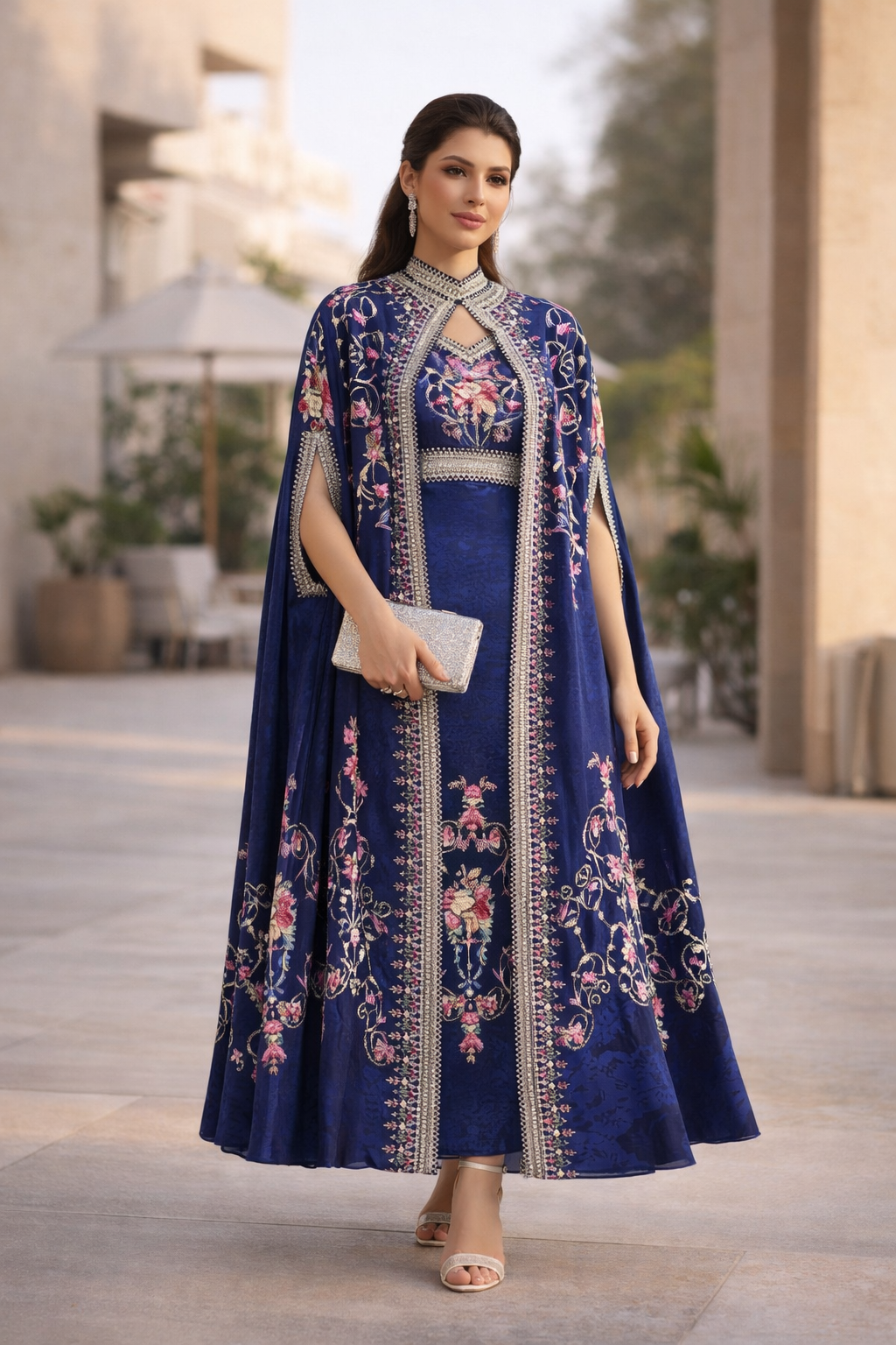 Art Nouveau Floral Print Bisht & Dress Set