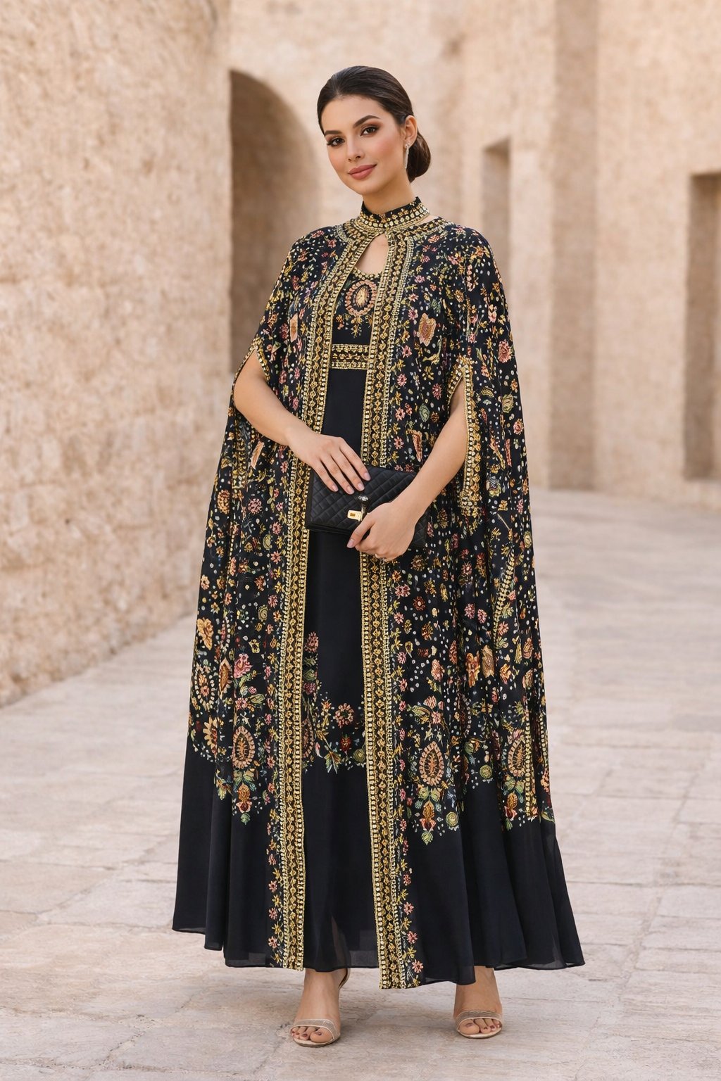 Multicolor Floral Print Bisht & Dress Set