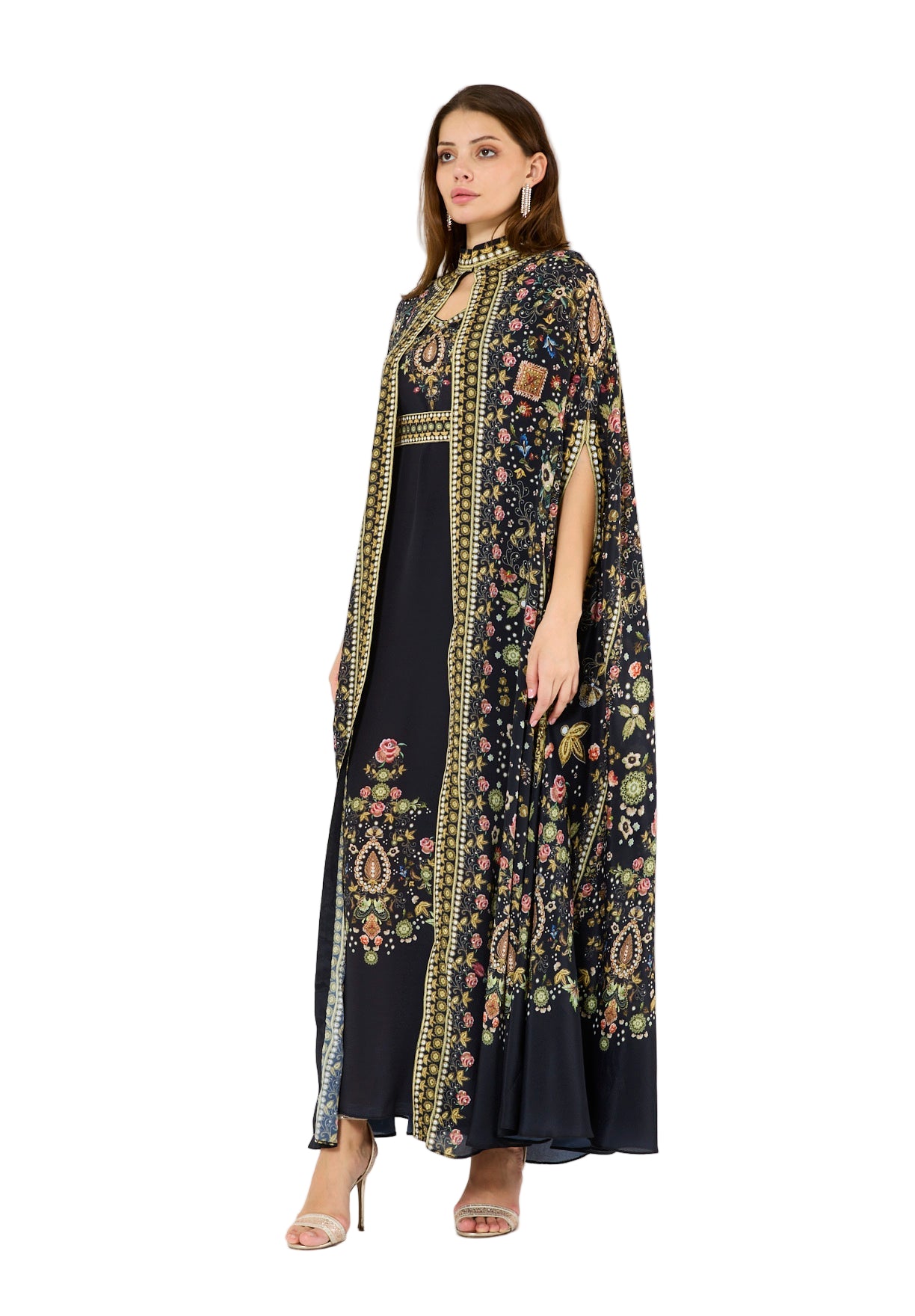 Multicolor Floral Print Bisht & Dress Set