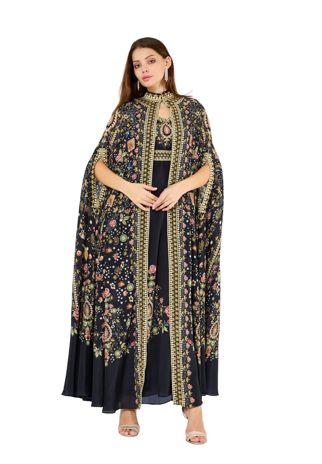 Multicolor Floral Print Bisht & Dress Set