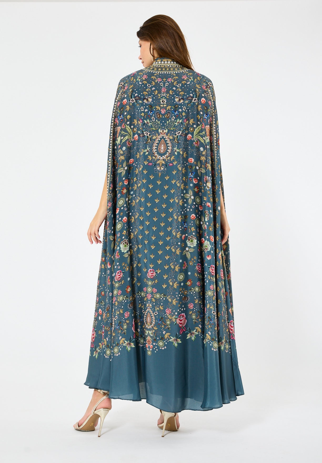 Multicolor Floral Print Bisht & Dress Set