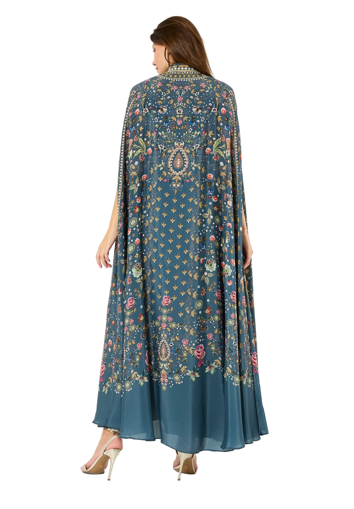 Multicolor Floral Print Bisht & Dress Set