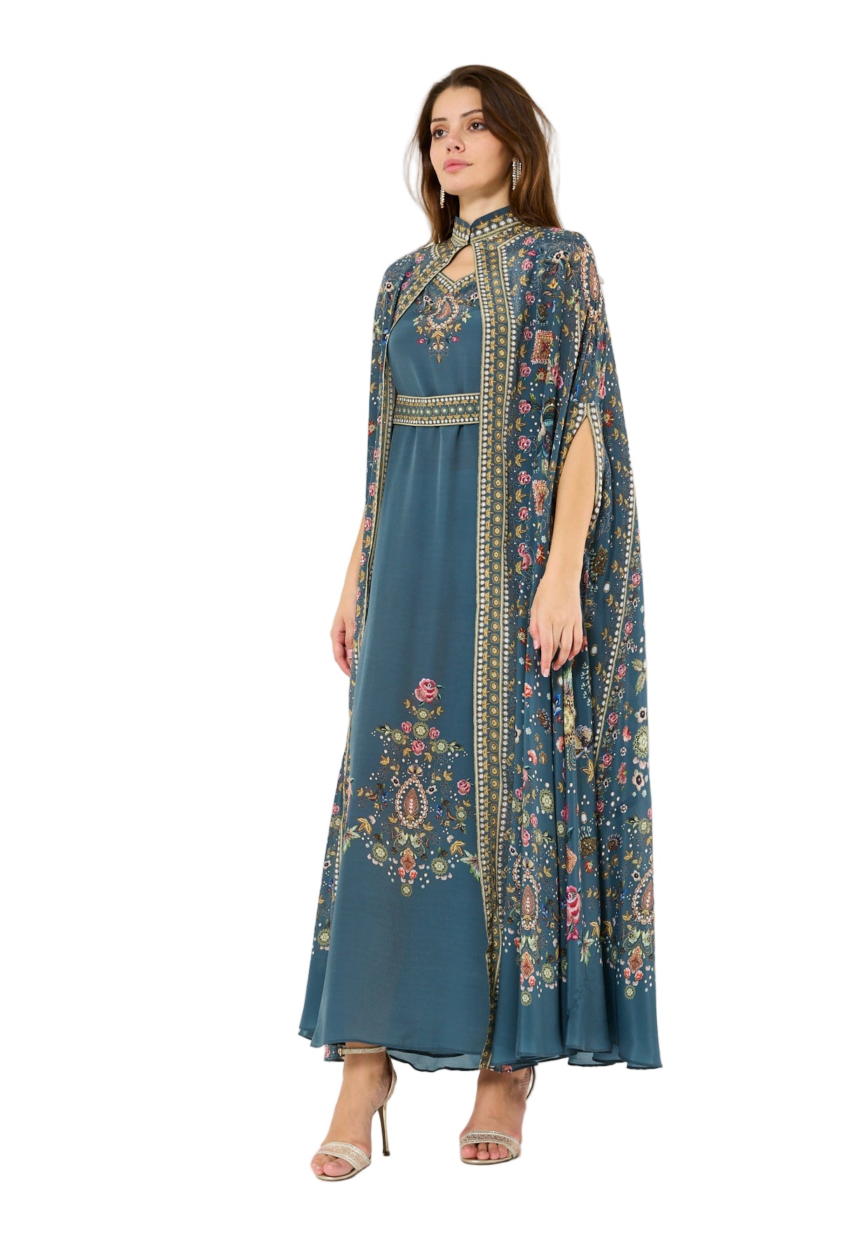Multicolor Floral Print Bisht & Dress Set