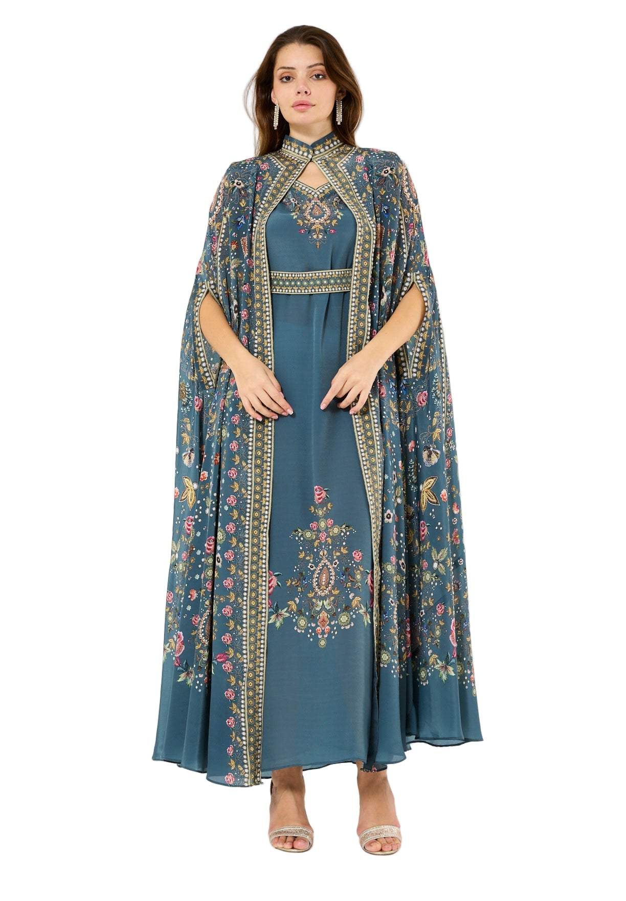 Multicolor Floral Print Bisht & Dress Set