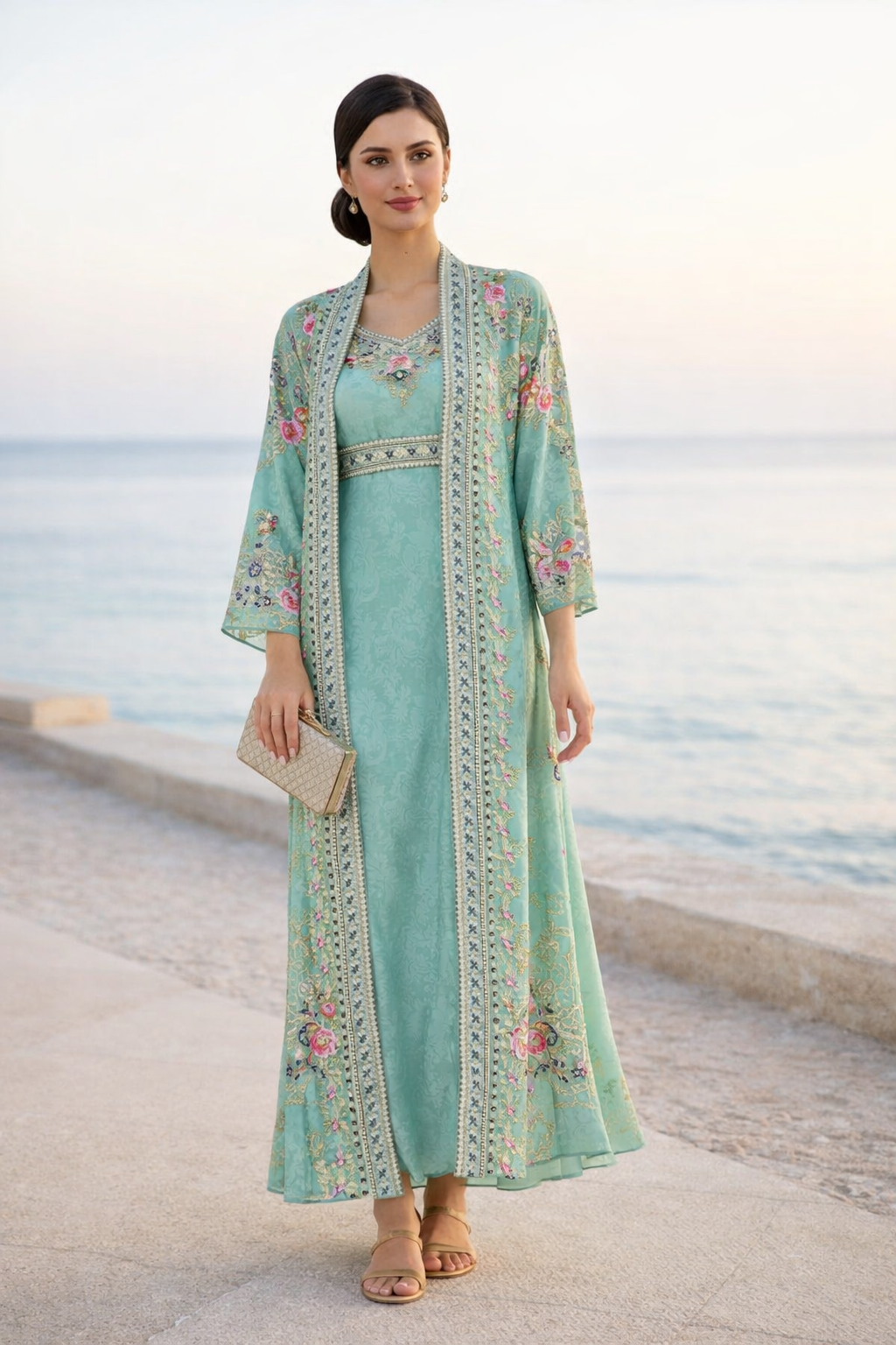 Western Florals Cluster Print Bisht & Dress Set