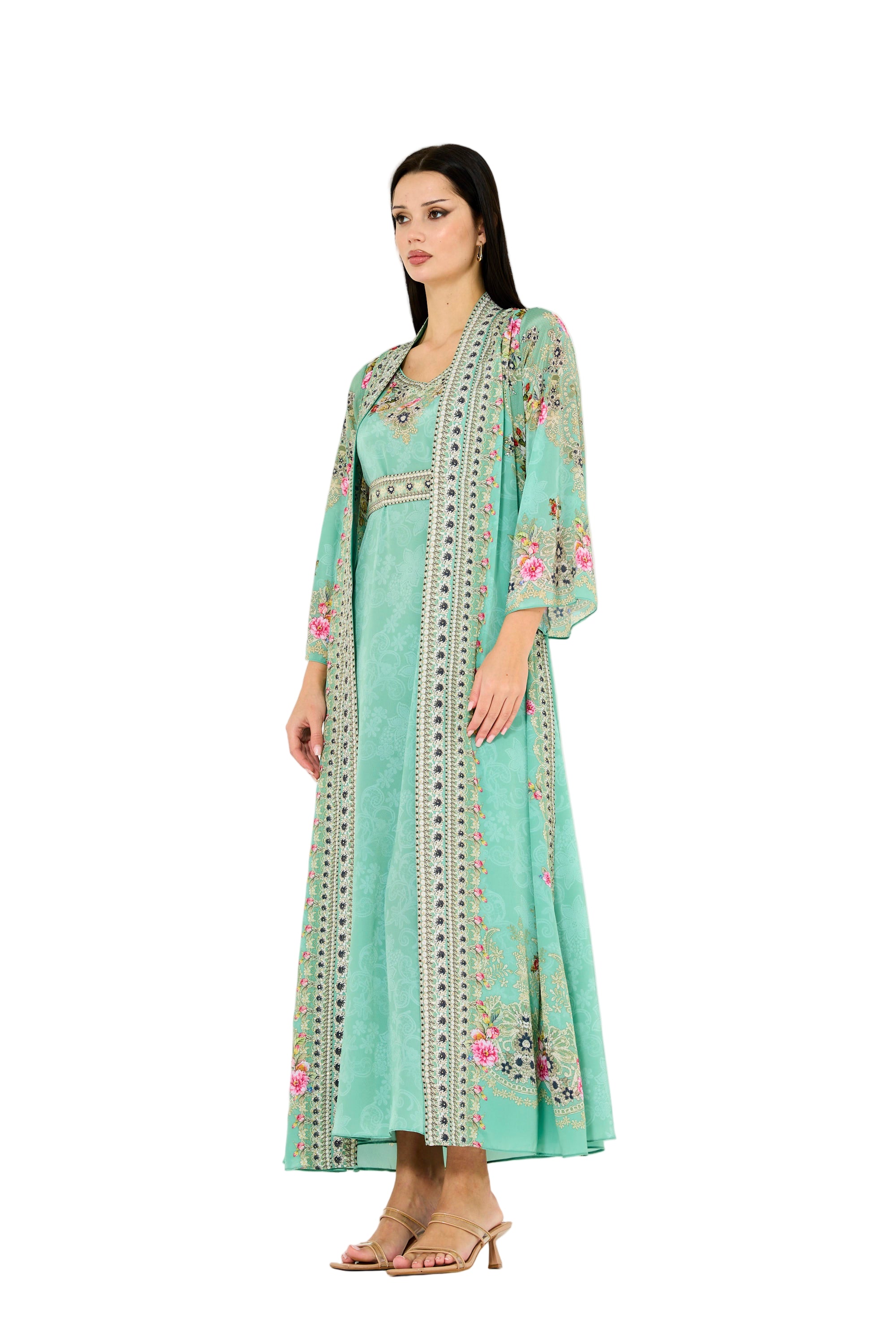 Western Florals Cluster Print Bisht & Dress Set