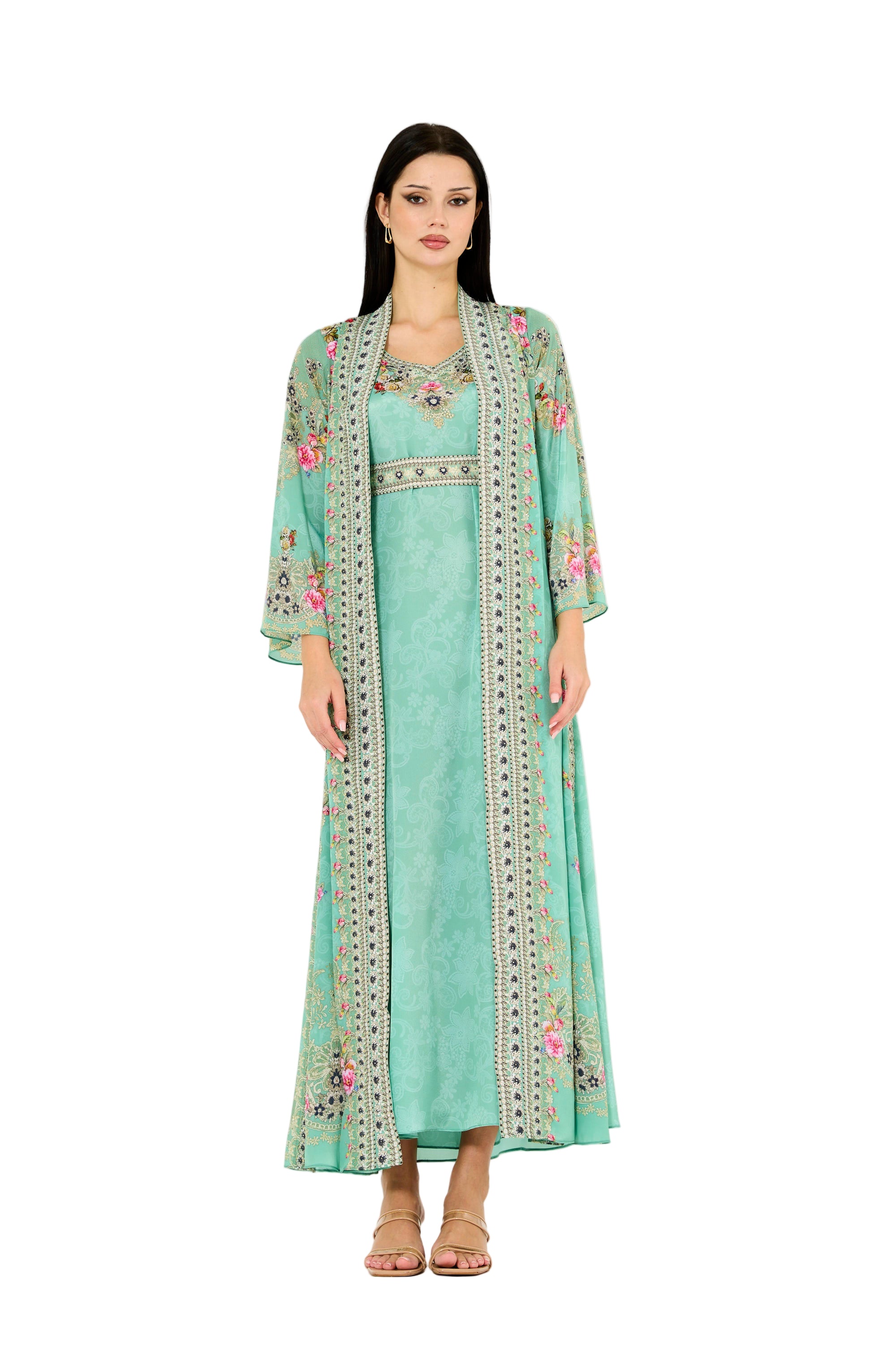 Western Florals Cluster Print Bisht & Dress Set