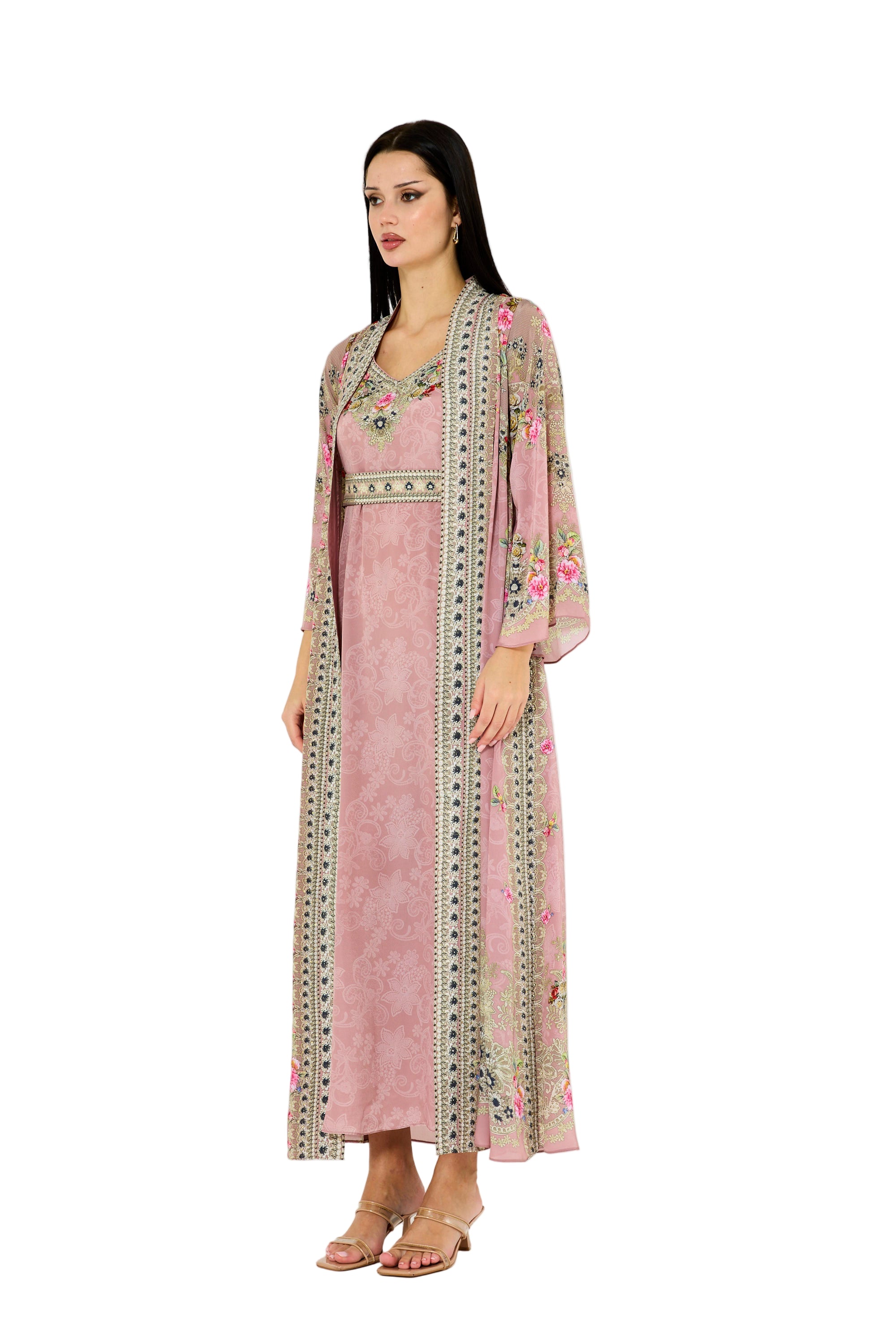Western Florals Cluster Print Bisht & Dress Set