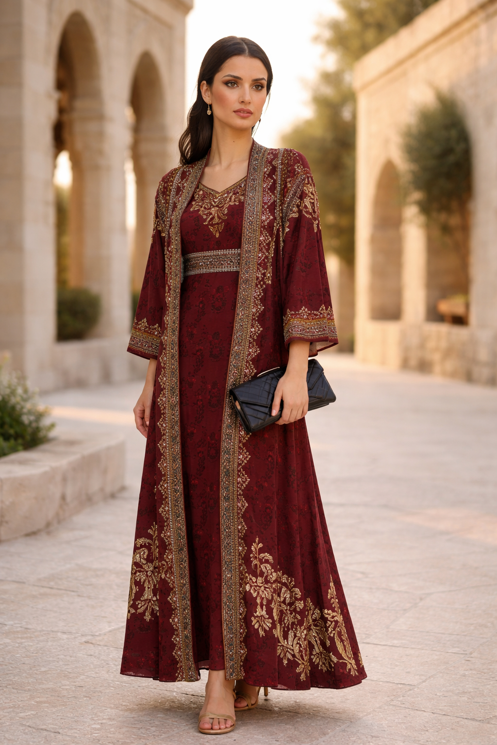 Intricate Floral Print V-Neck Bisht & Dress Set