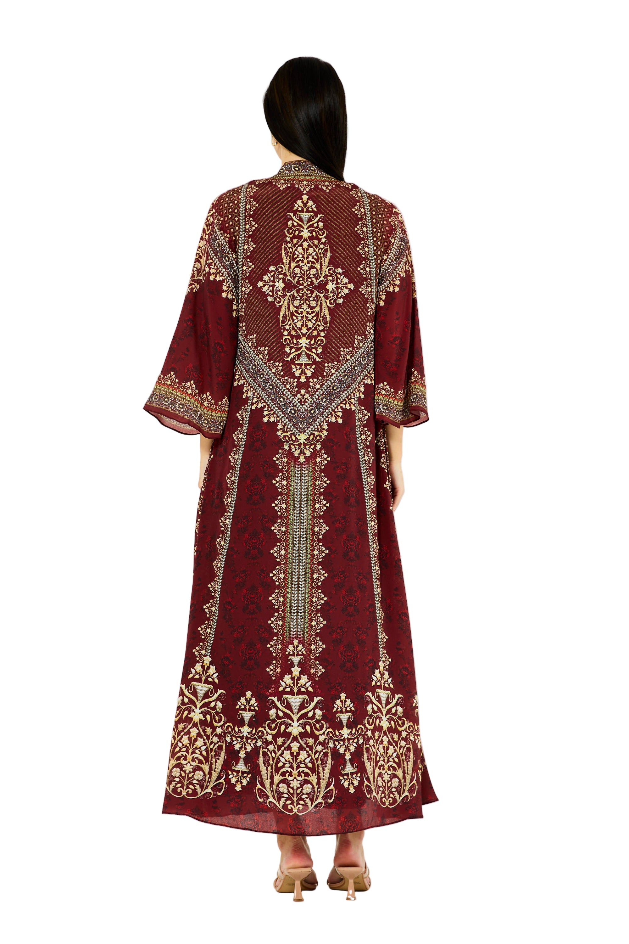 Intricate Floral Print V-Neck Bisht & Dress Set