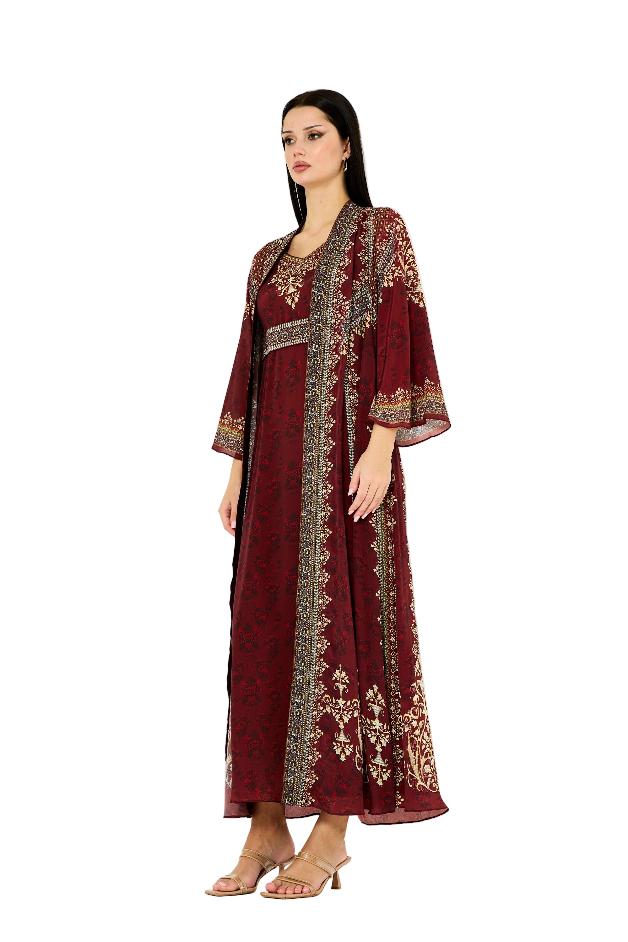 Intricate Floral Print V-Neck Bisht & Dress Set