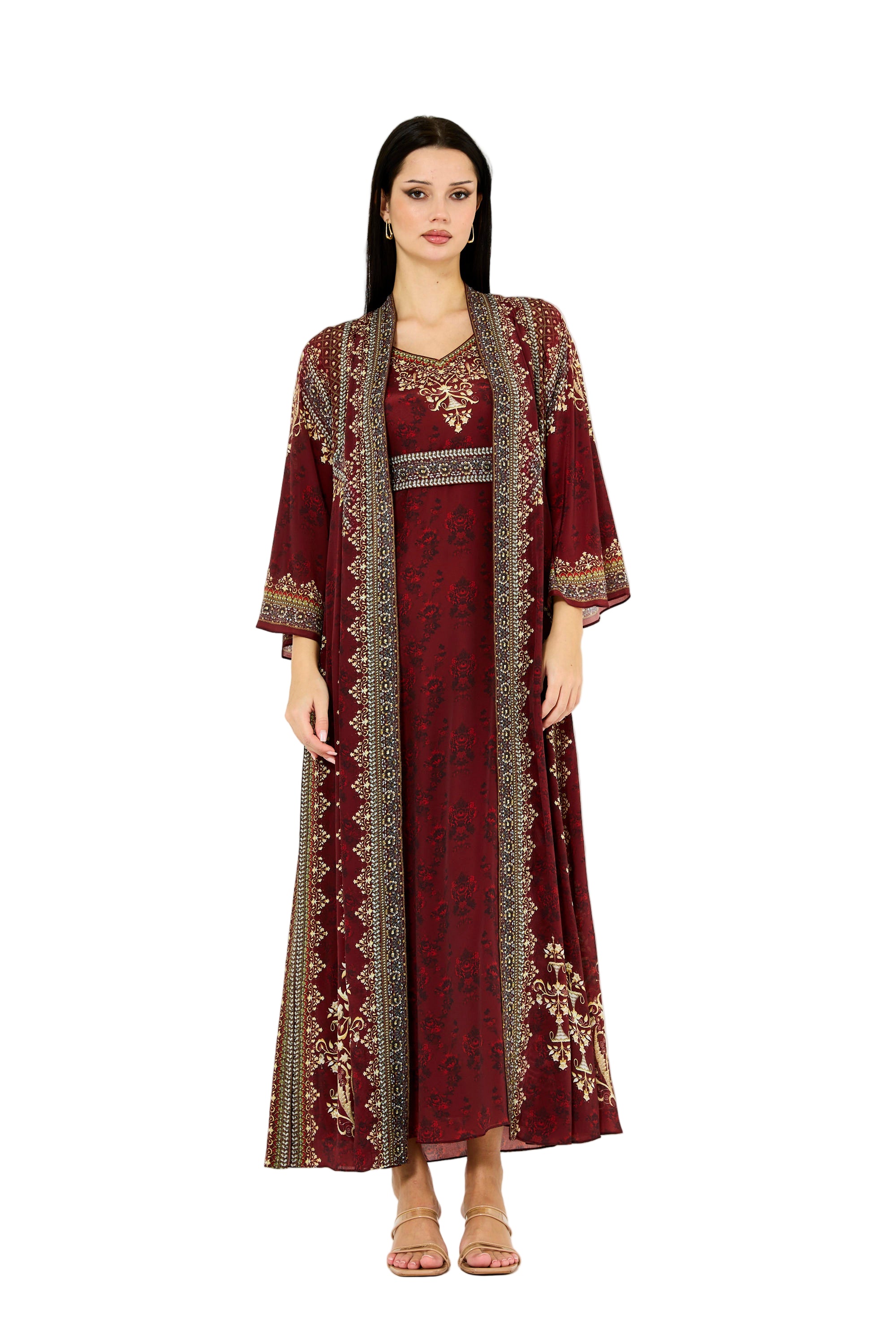 Intricate Floral Print V-Neck Bisht & Dress Set
