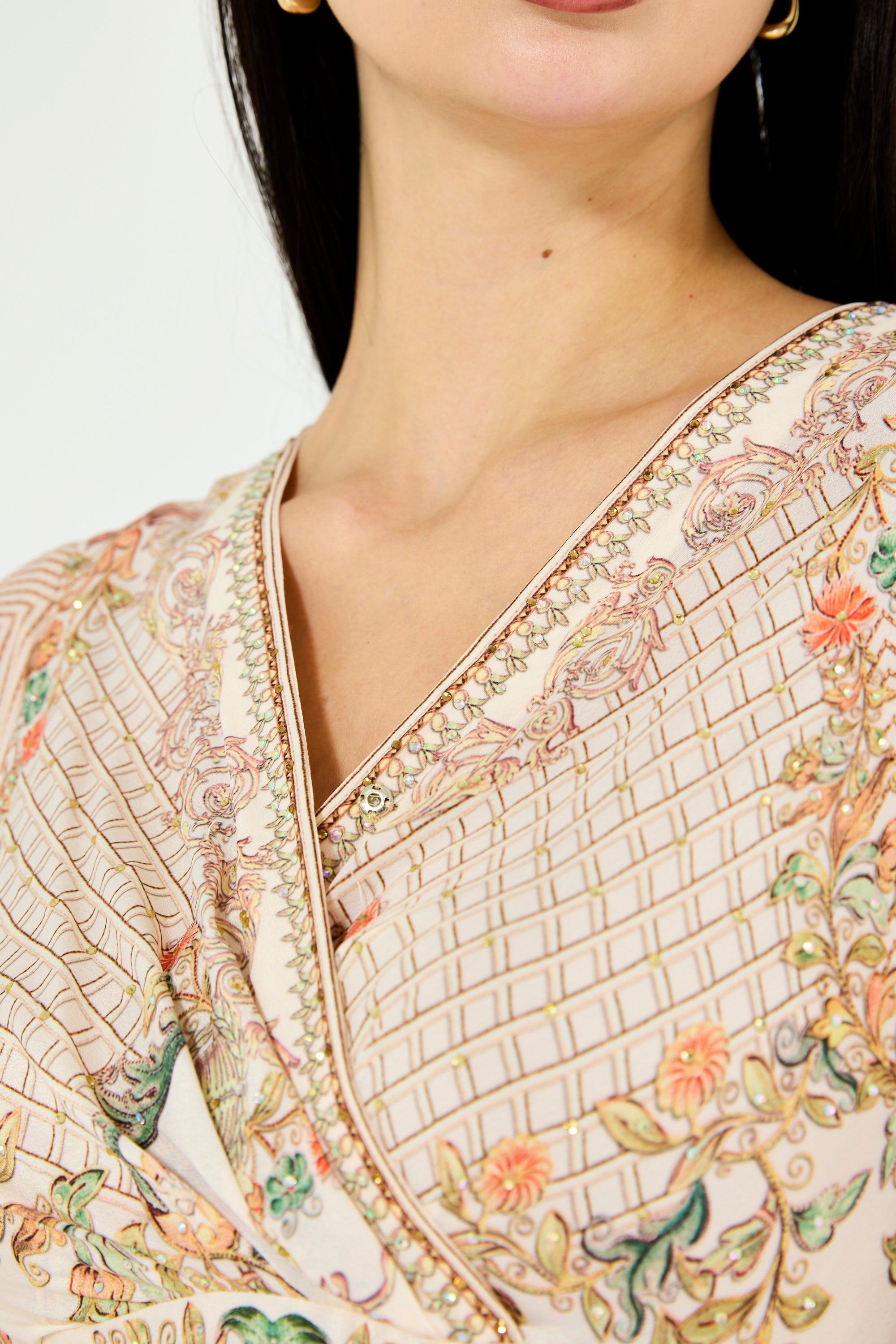 Bell Sleeve Wrap Bodice Fusion Printed Dress