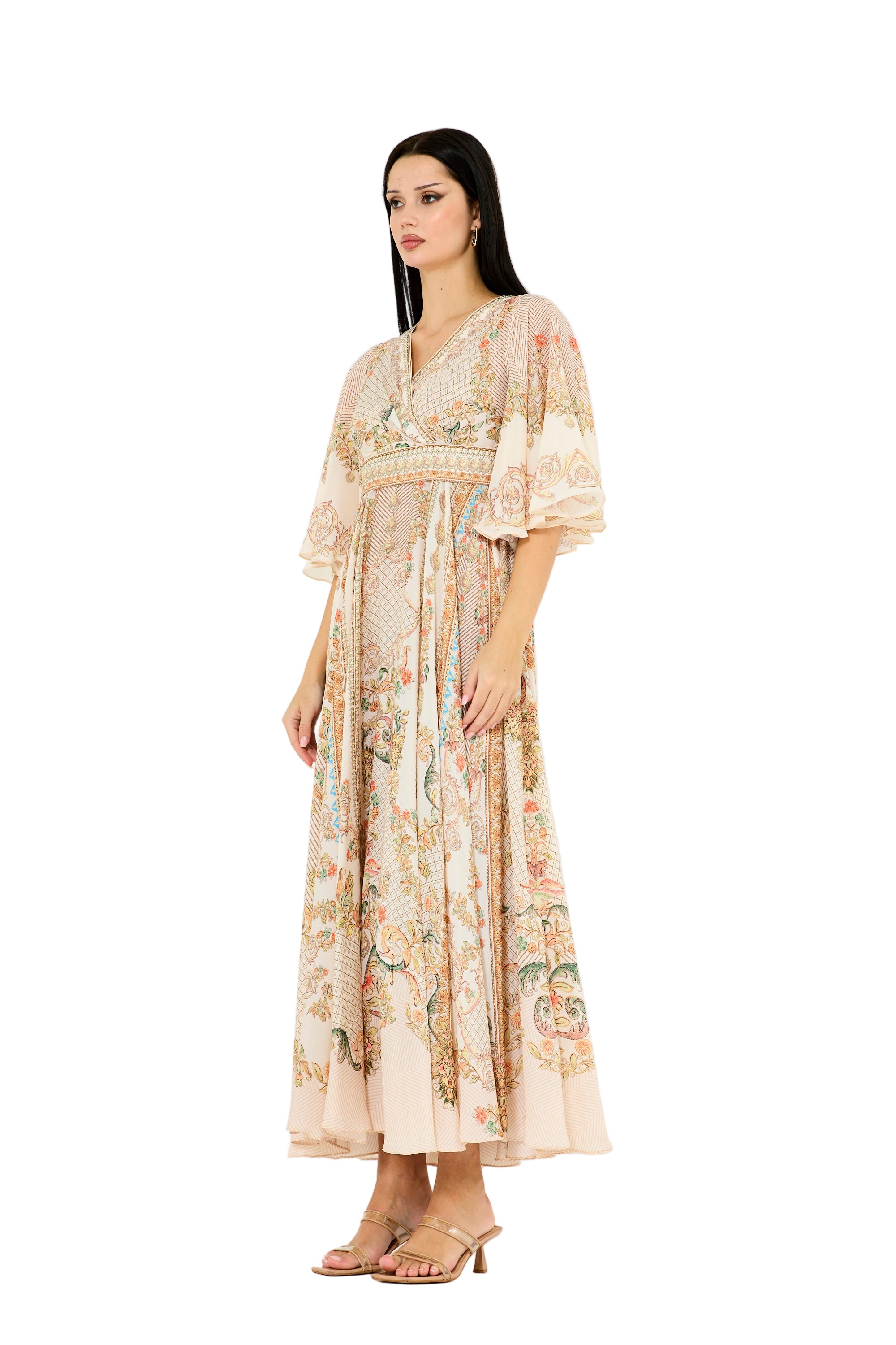 Bell Sleeve Wrap Bodice Fusion Printed Dress