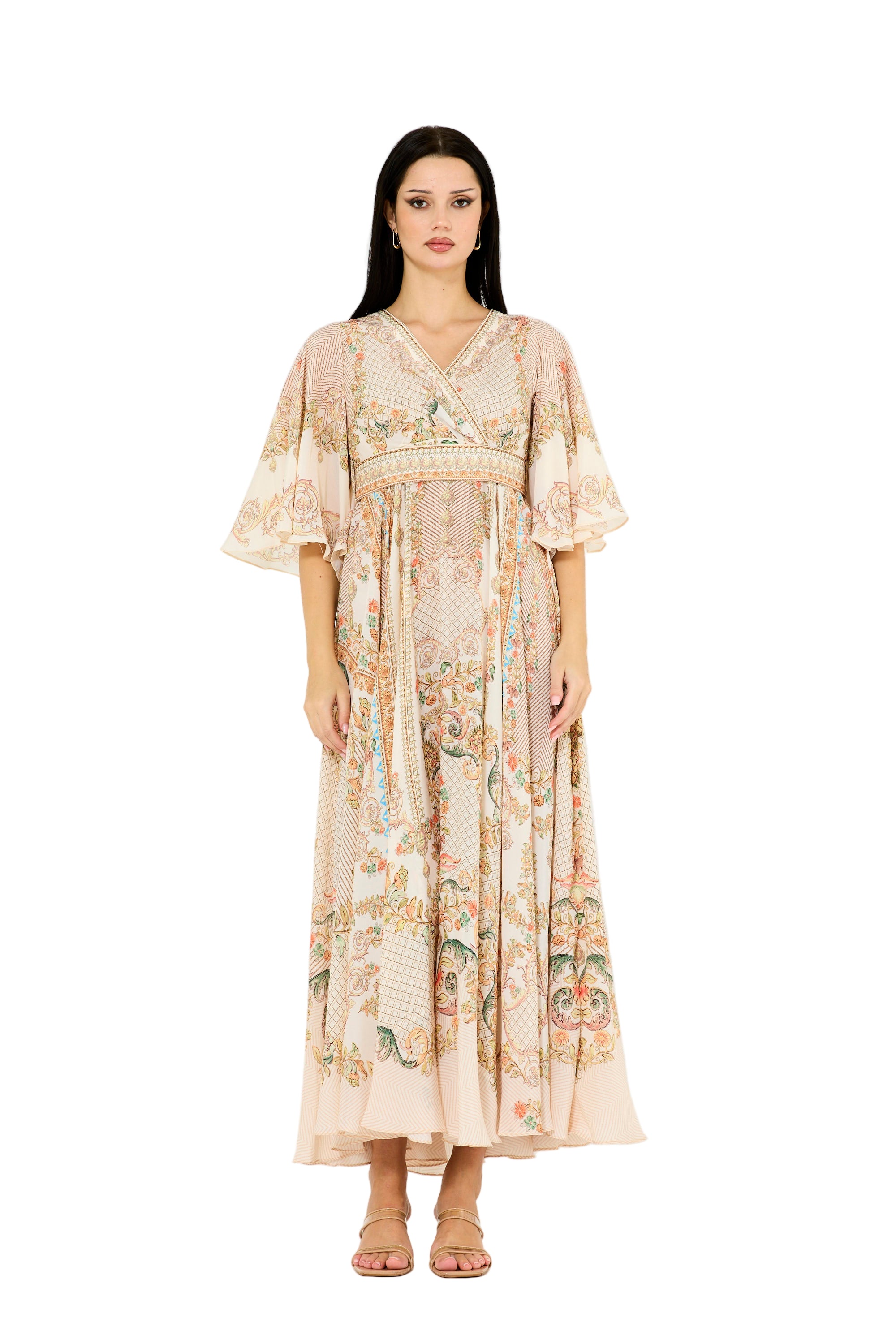 Bell Sleeve Wrap Bodice Fusion Printed Dress