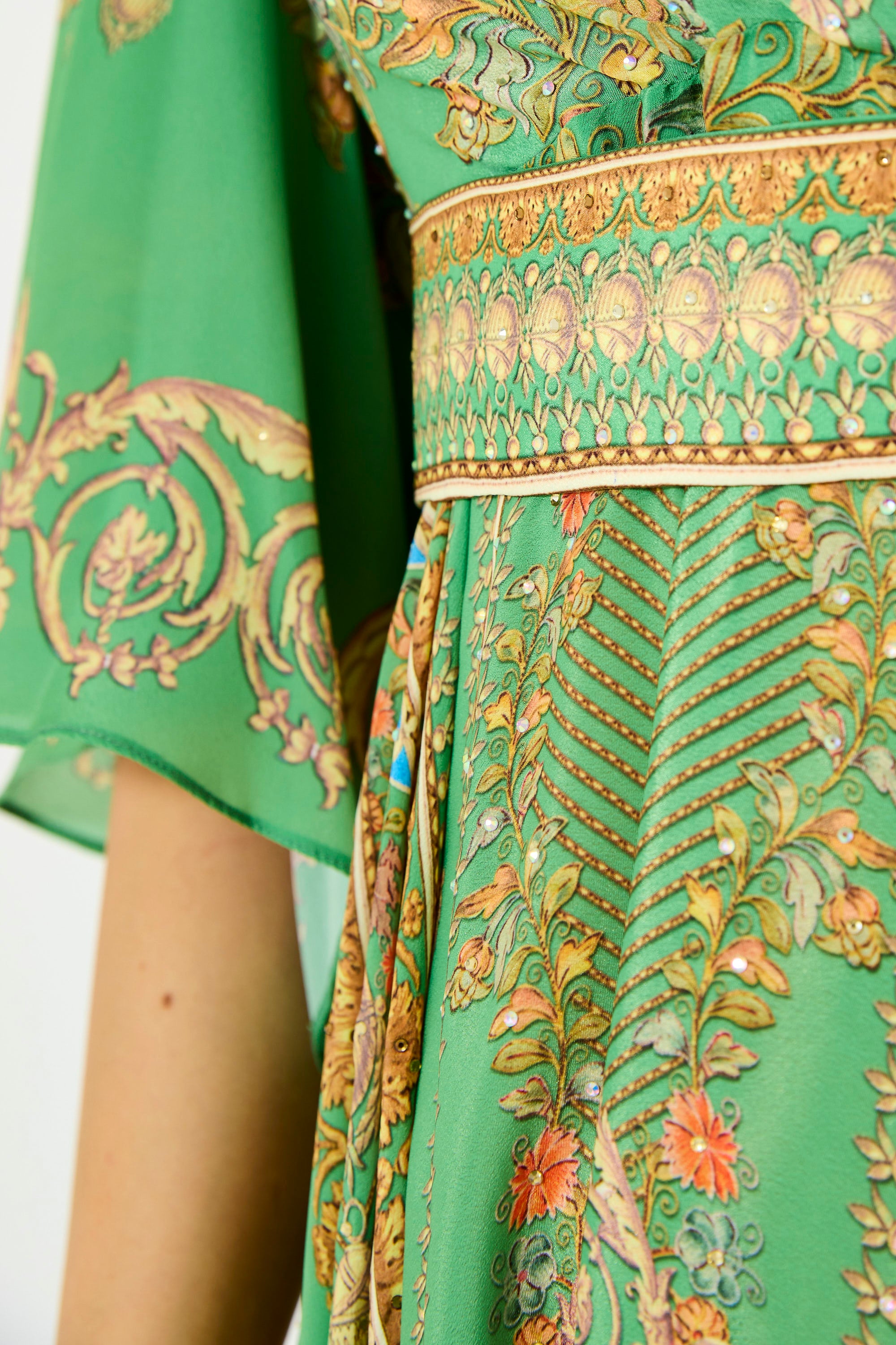 Bell Sleeve Wrap Bodice Fusion Printed Dress