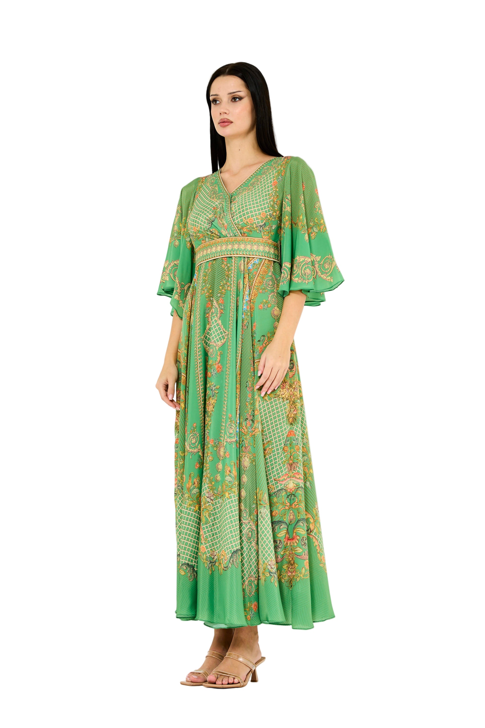 Bell Sleeve Wrap Bodice Fusion Printed Dress