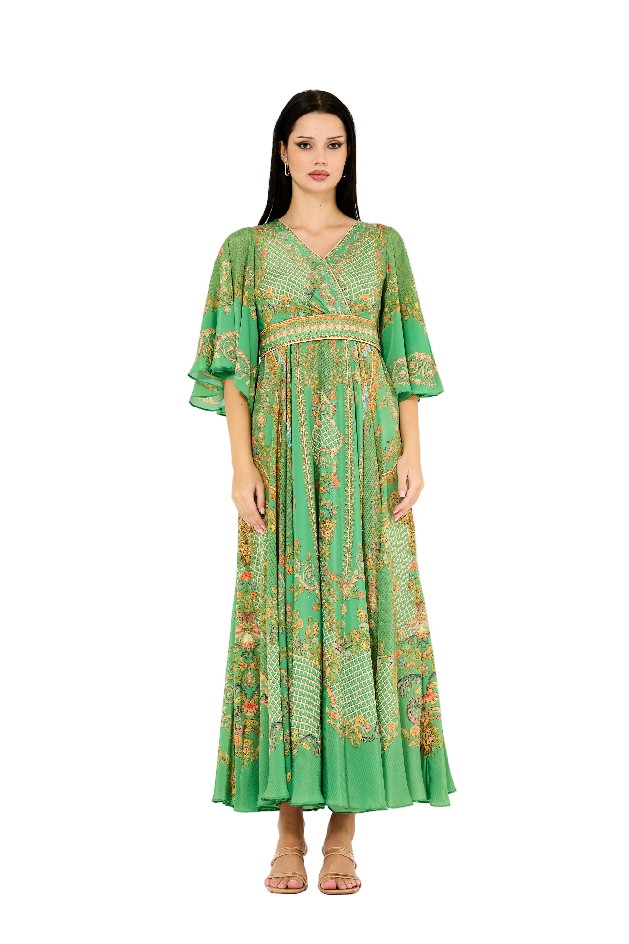 Bell Sleeve Wrap Bodice Fusion Printed Dress