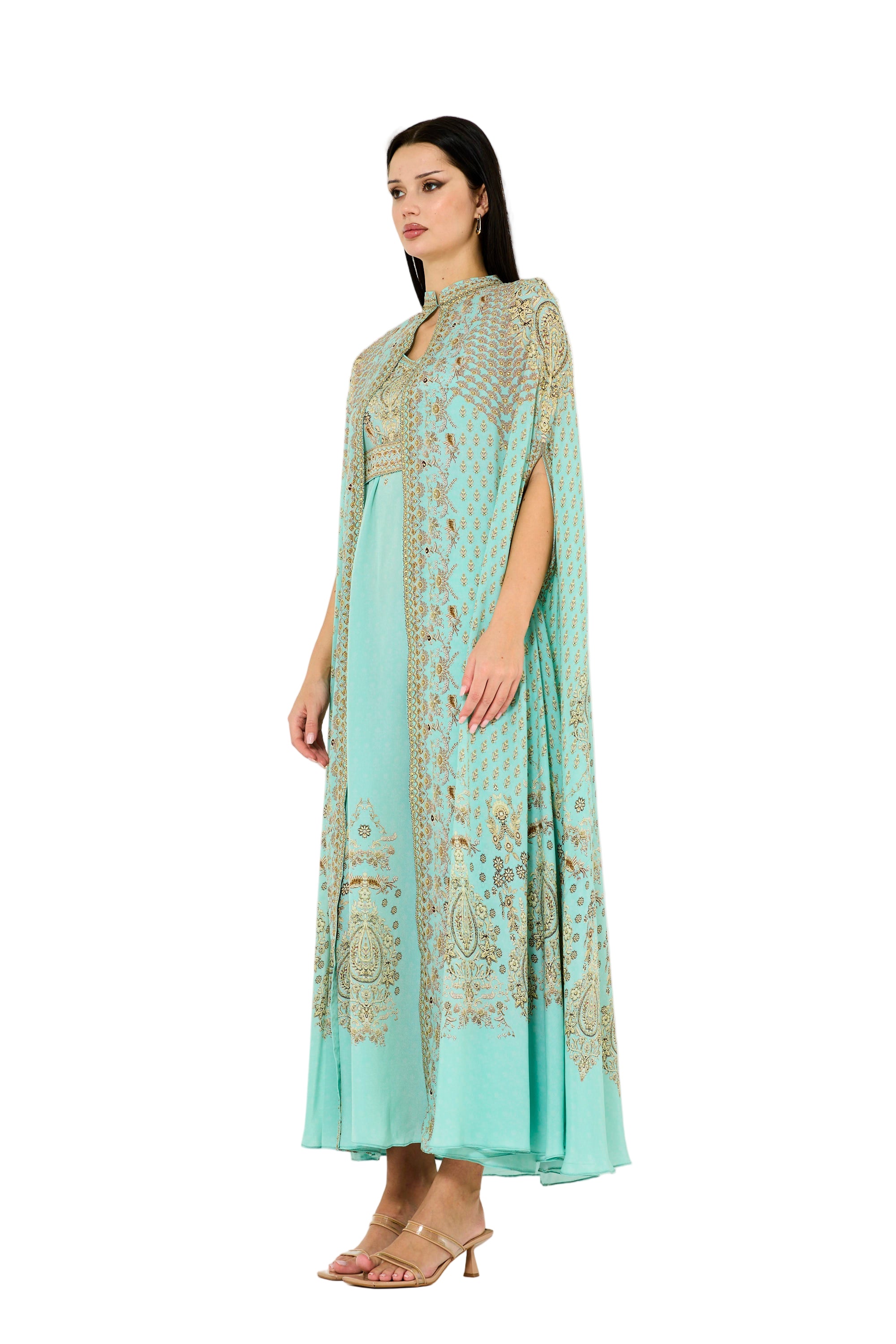 Slit Sleeve All Over Floral Print Bisht & Dress Set