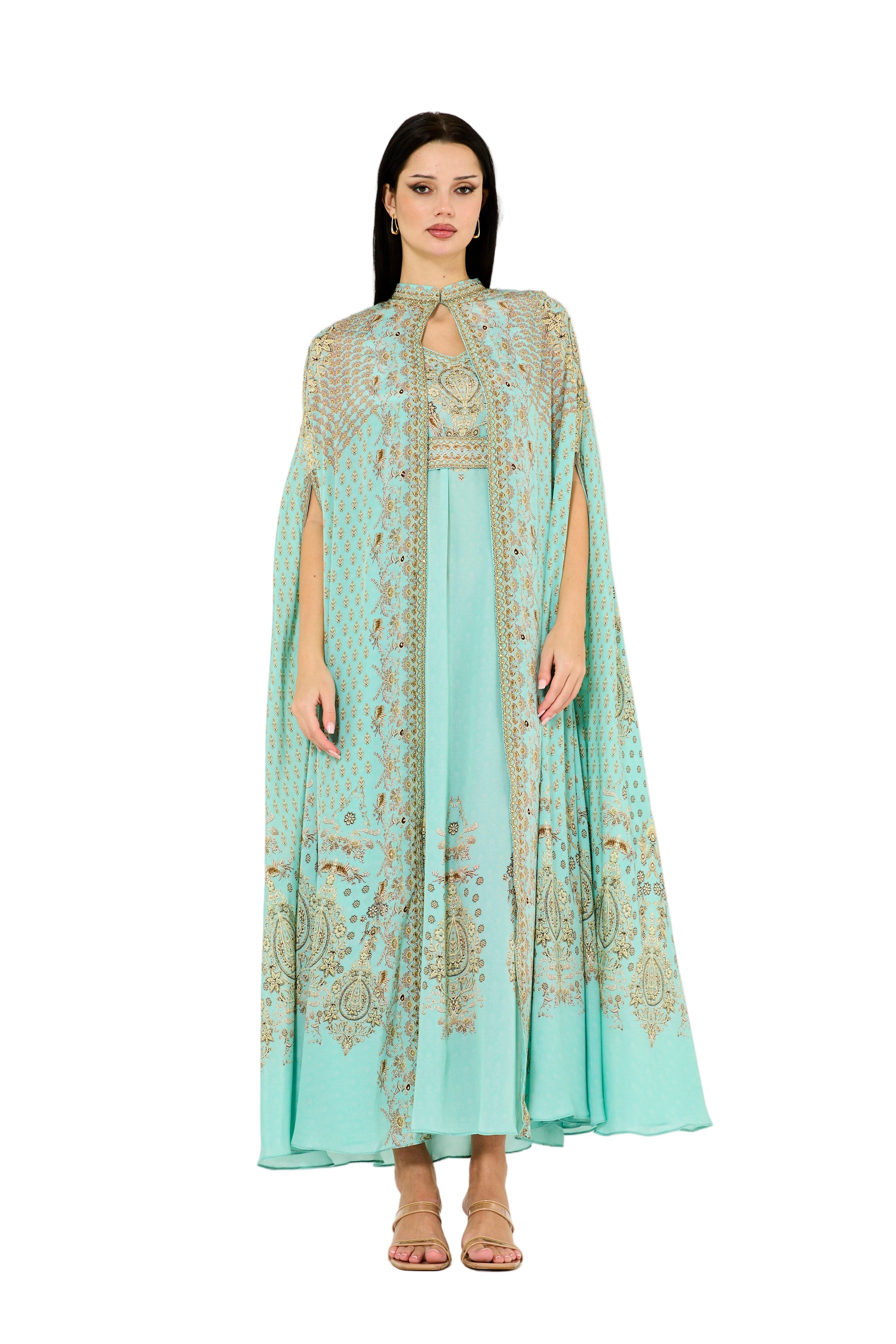 Slit Sleeve All Over Floral Print Bisht & Dress Set