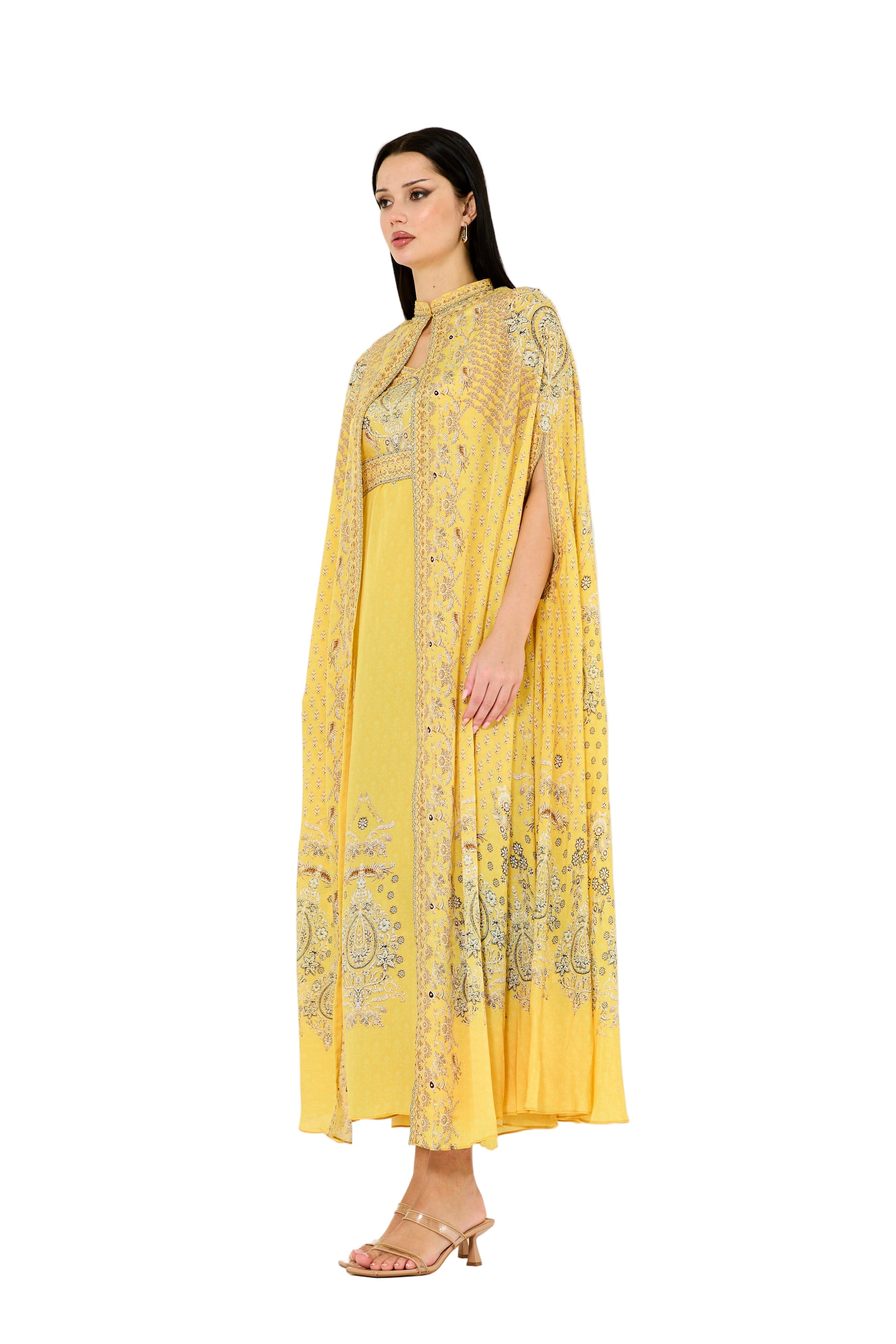 Slit Sleeve All Over Floral Print Bisht & Dress Set