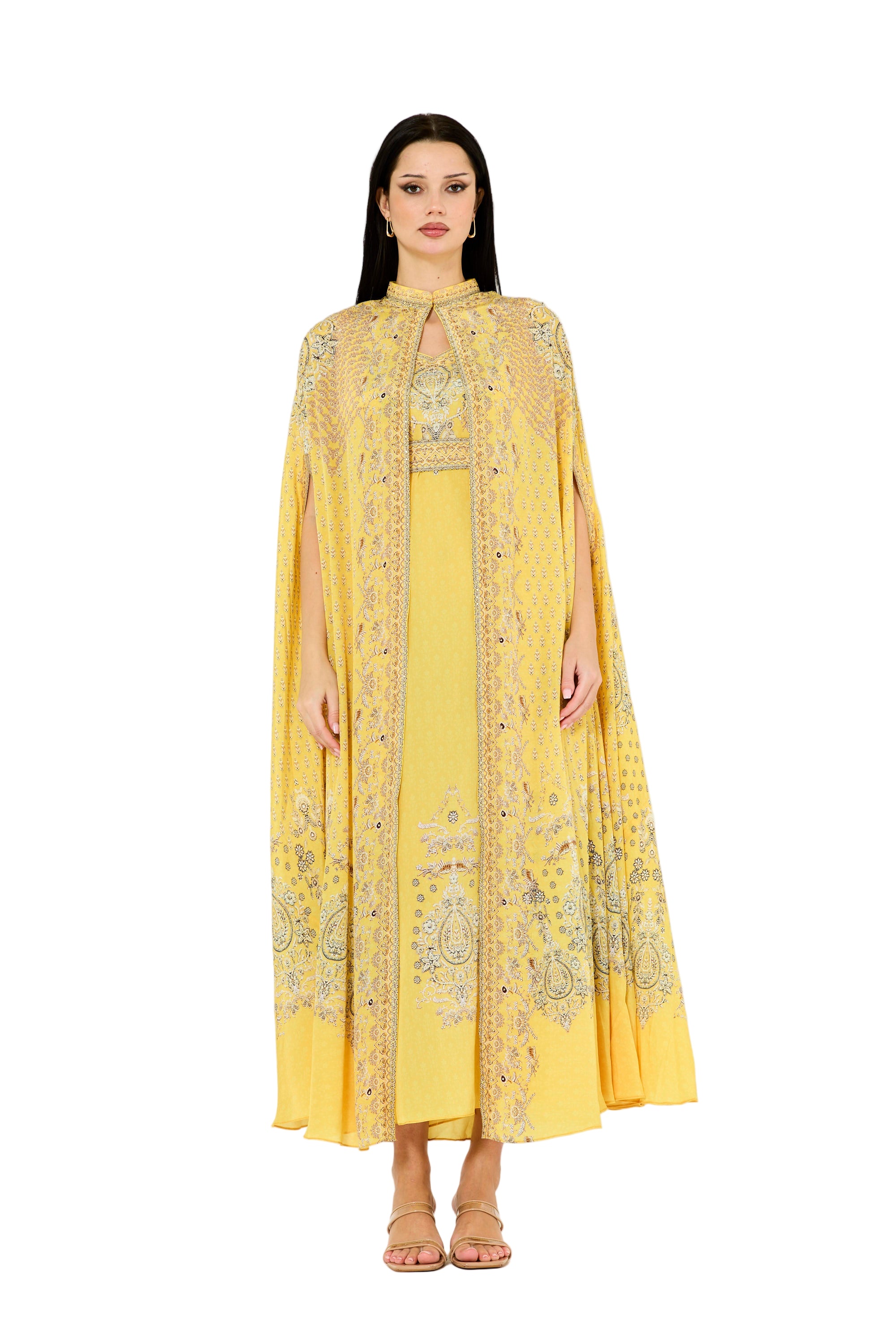 Slit Sleeve All Over Floral Print Bisht & Dress Set