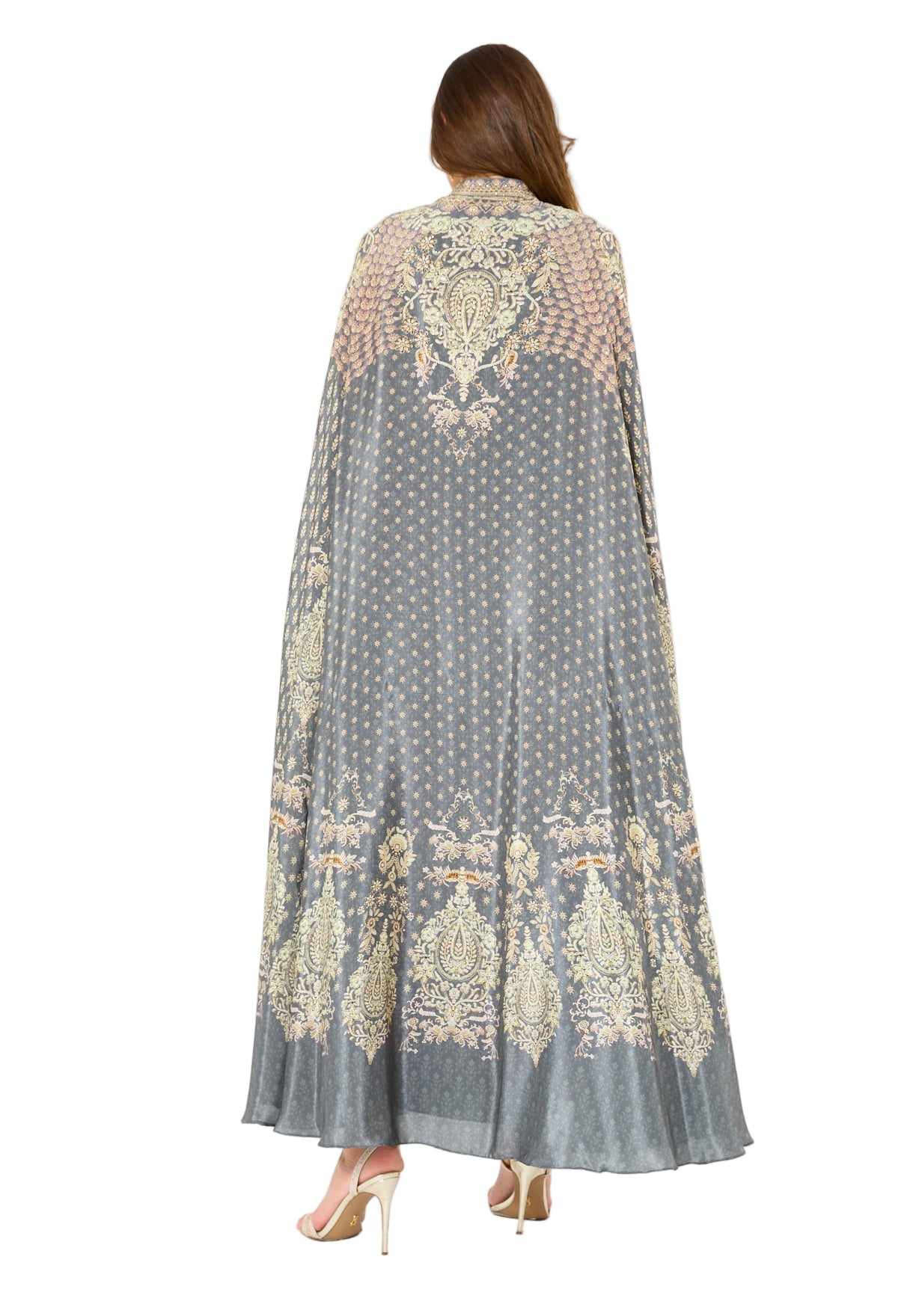 High Collar Bisht & V-Neck Dress Floral Print Set