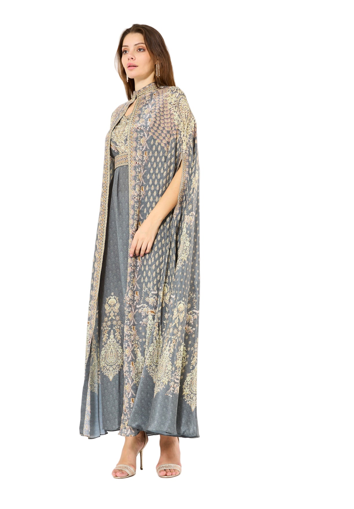 High Collar Bisht & V-Neck Dress Floral Print Set