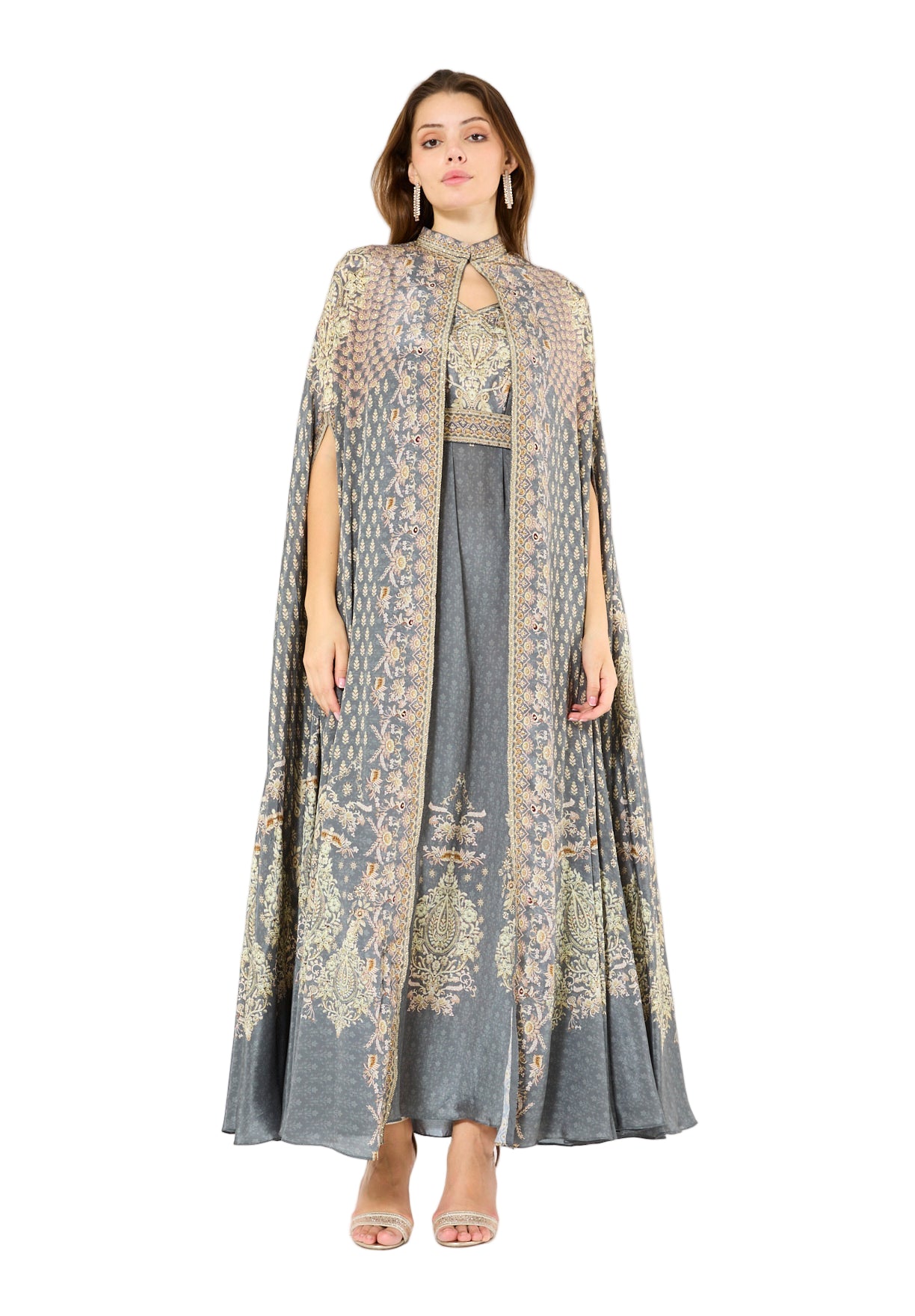 High Collar Bisht & V-Neck Dress Floral Print Set