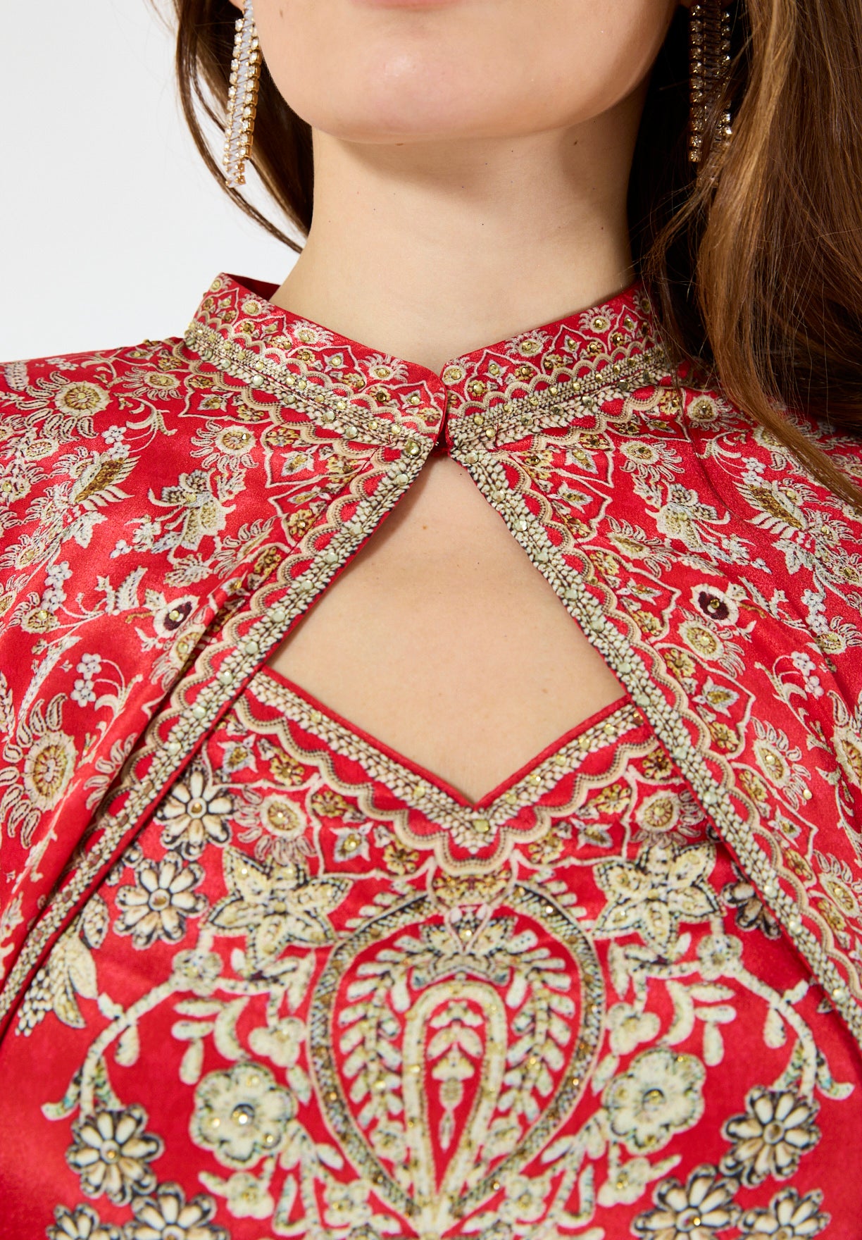 High Collar Bisht & V-Neck Dress Floral Print Set